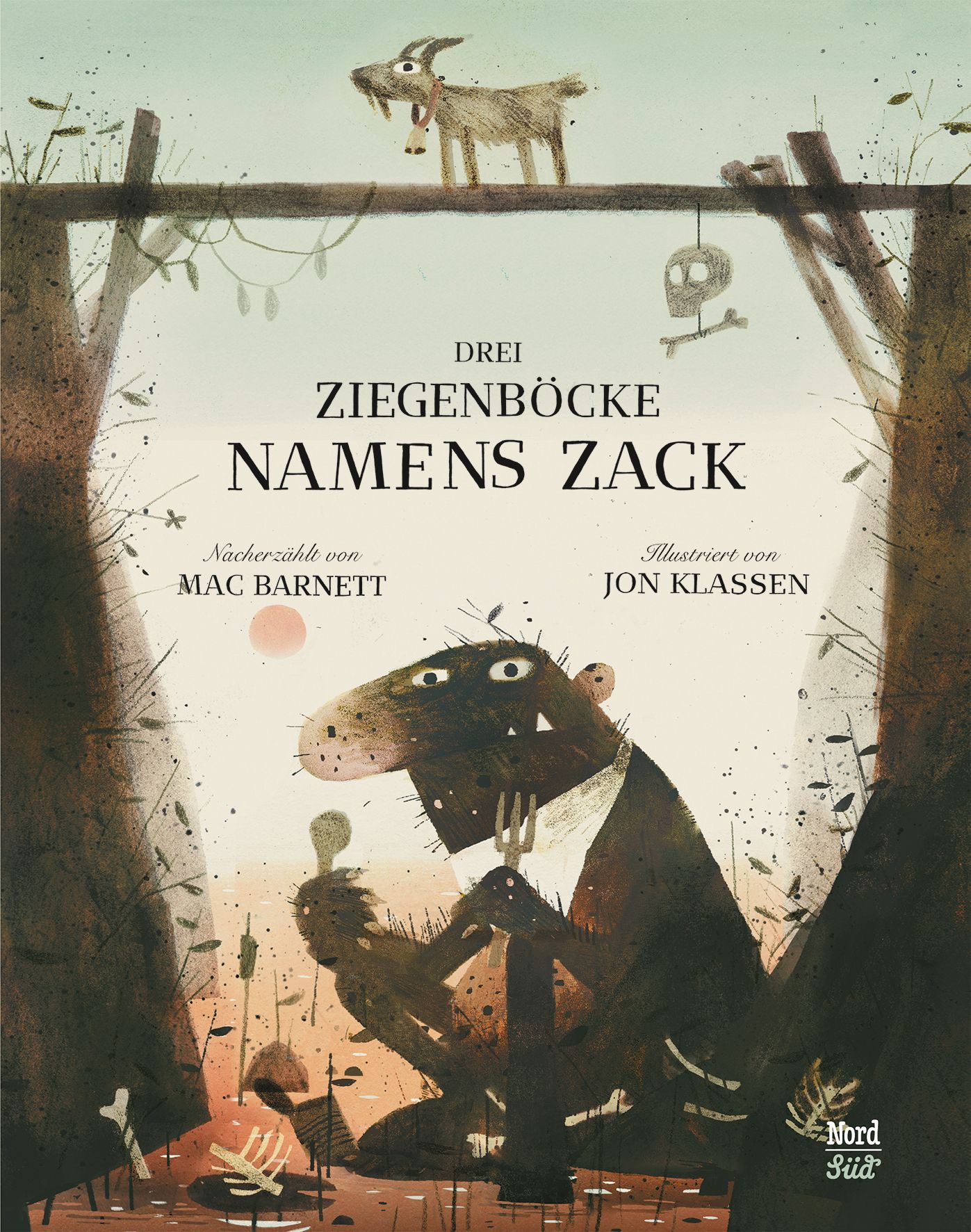 Buchcover mit Illustrationen. Titel: Drei Ziegenböcke namens Zack. Autor: Mac Barnett. Illustrator: Jon Klassen. Verlag: NordSüd. Gezeichnete Ziegen.