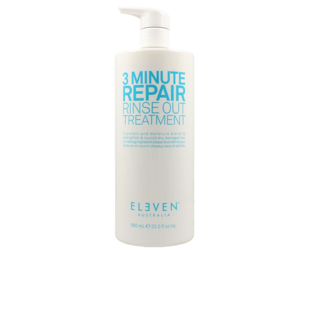 Weißer Spender mit blauem Text: 3 Minute Repair Rinse Out Treatment. Marke: Eleven Australia. Mit Pumpe.