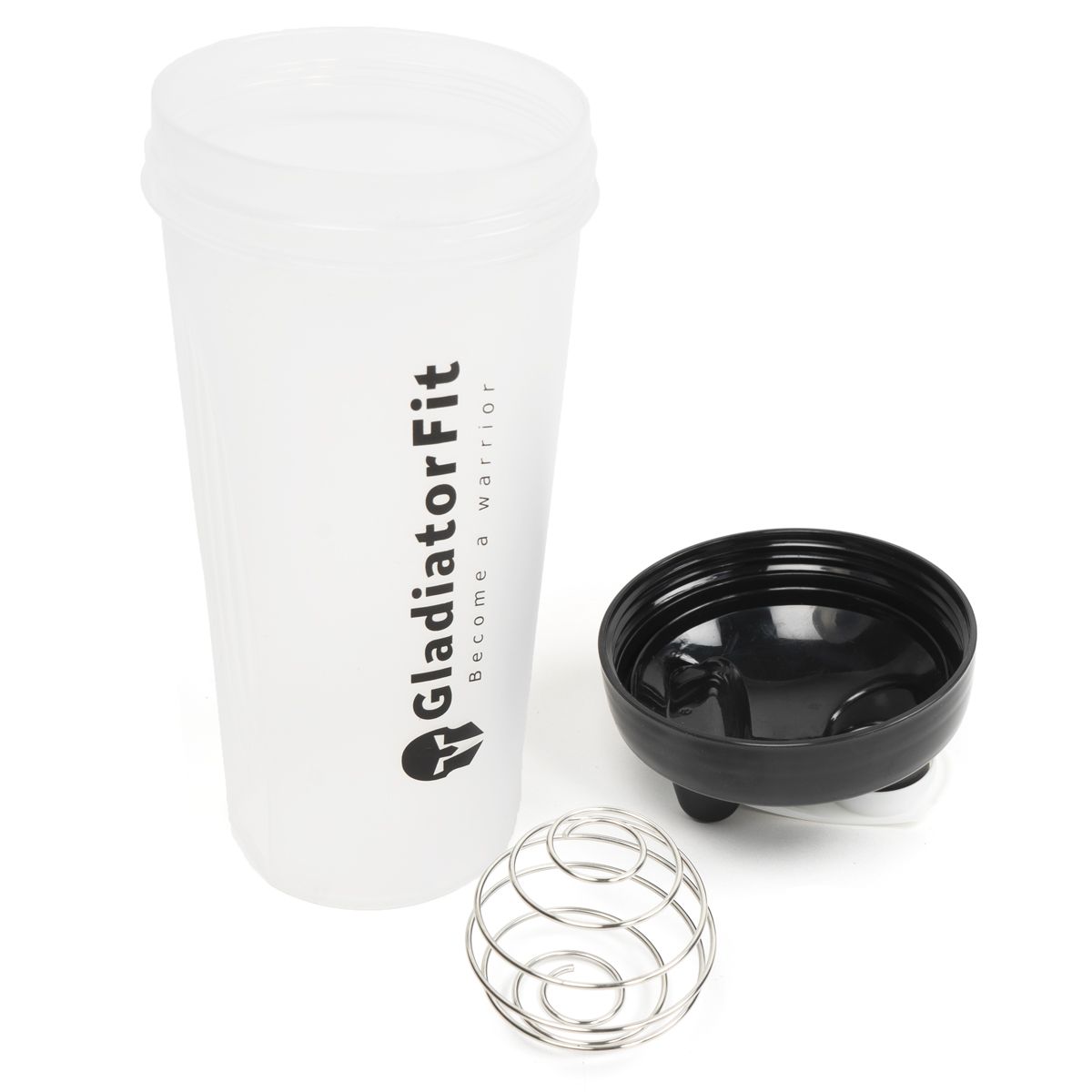 Zerlegter Shaker. Weißer Kunststoffbehälter, schwarzer Deckel und Metall-Schneebesen. Aufdruck: GladiatorFit.