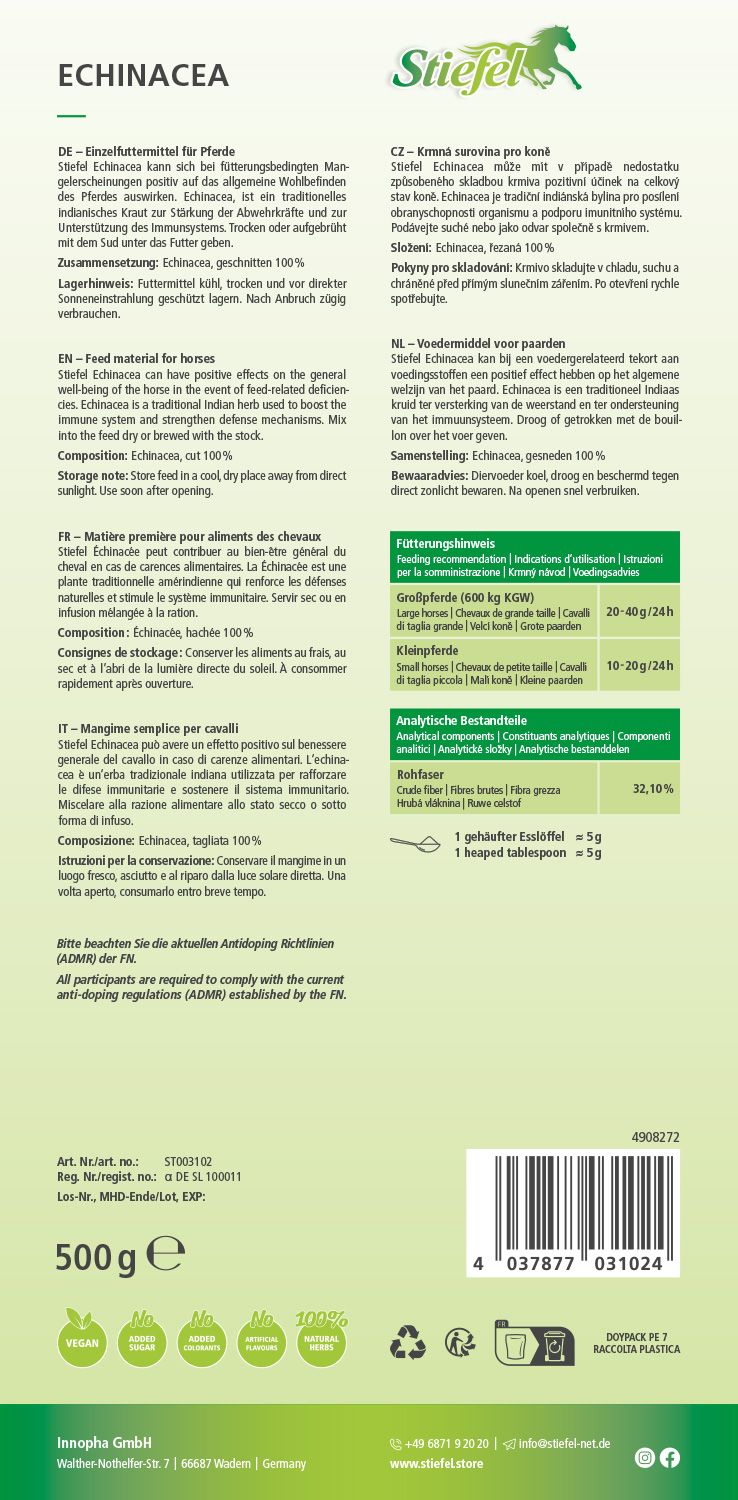 Rückseite der Stiefel Echinacea Verpackung. Text in Deutsch, Tschechisch, Niederländisch, Französisch und Italienisch. Enthält Informationen zu Inhaltsstoffen und Anwendung.