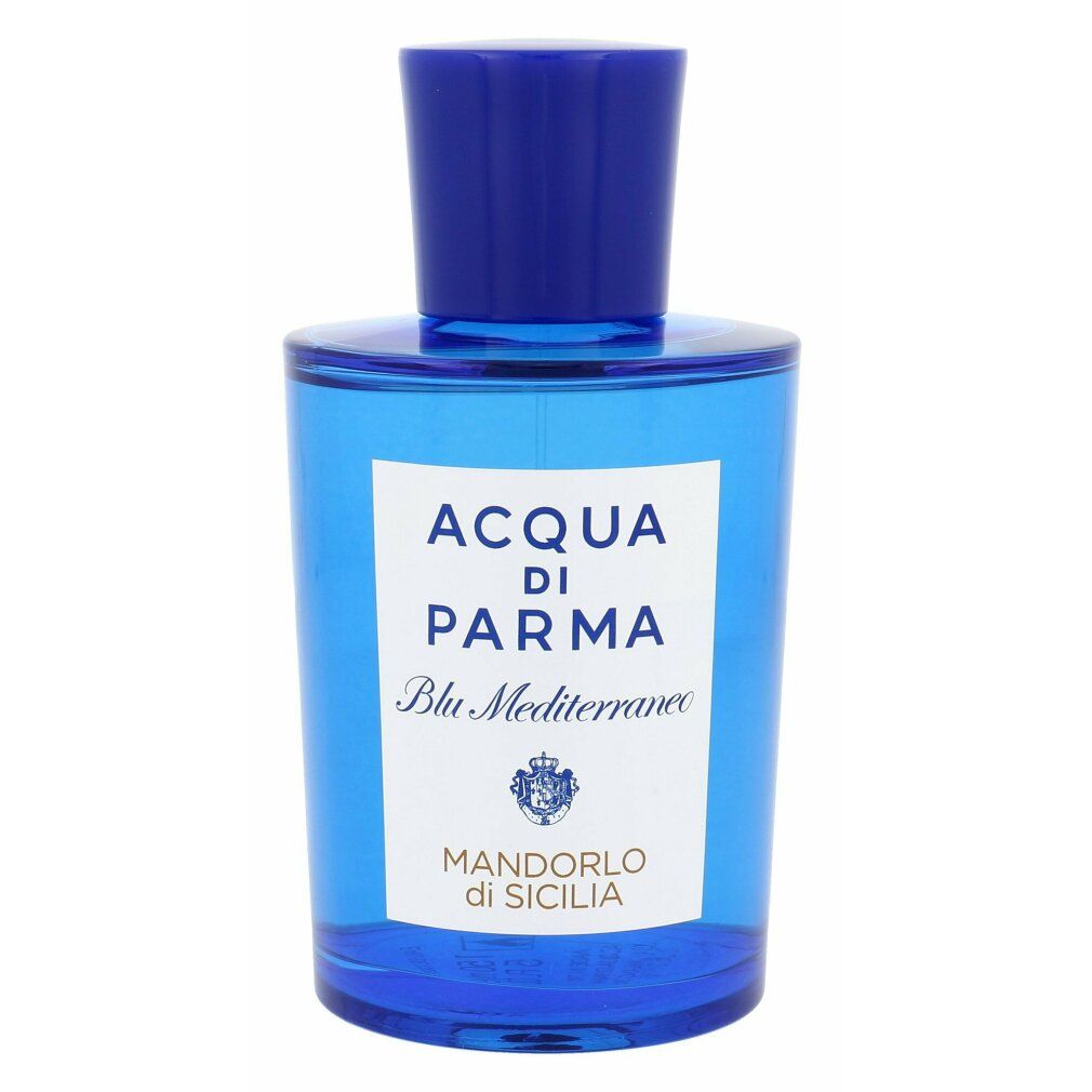 Blaues Parfümflakon. Aufschrift: Acqua di Parma Blu Mediterraneo Mandorlo di Sicilia.