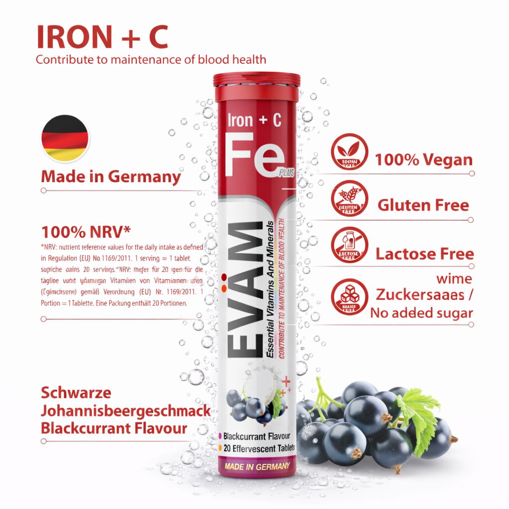 Brausetabletten-Tube mit Aufschrift Iron + C Fe Plus und EVÄM. Enthält 20 Brausetabletten. Made in Germany.