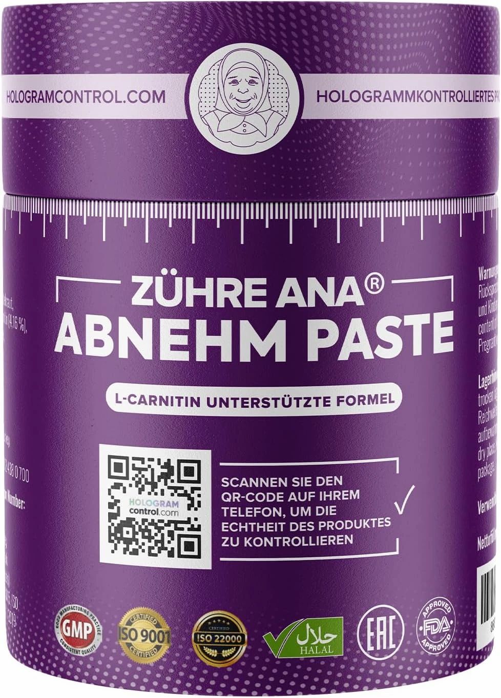 Zylindrische Dose mit lila Etikett. Aufschrift: Zühre Ana Abnehm Paste. Enthält QR-Code und Zertifizierungen. Hologramm-Kontrolle.