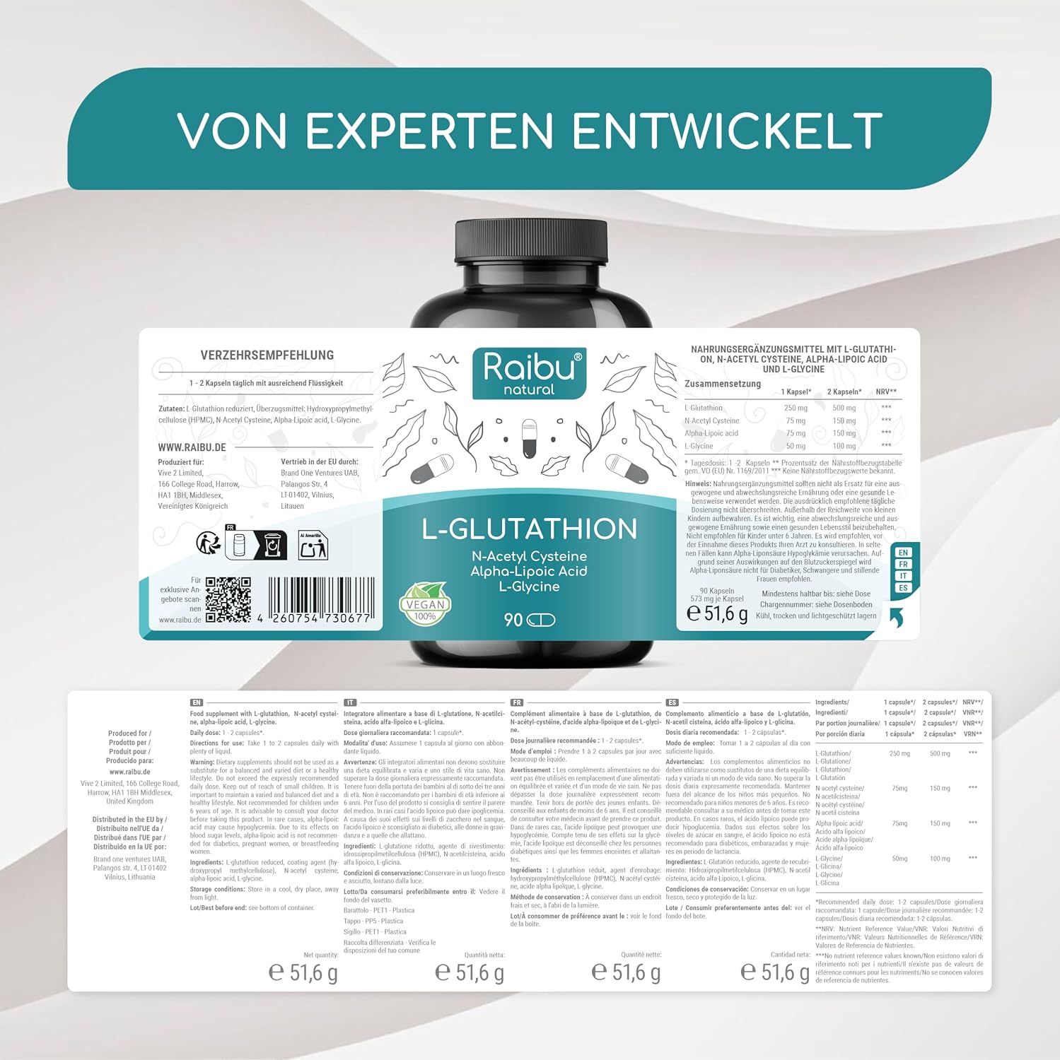 RAIBU L-Glutathion Kapseln Hochdosiert - mit NAC, Alpha-Liponsäure & L-Glycin