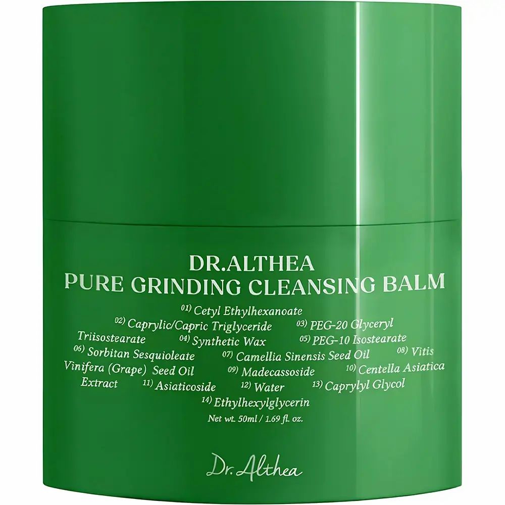 Grüner Behälter mit Reinigungsbalsam. Aufschrift: Pure Grinding Cleansing Balm. Inhaltsstoffe und Volumenangabe: 50ml/1.69 fl. oz.