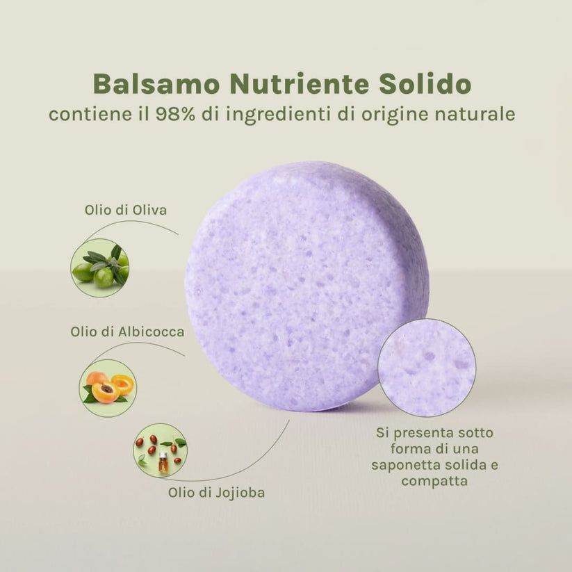 Runder, lila Festbalsam. Text: Balsamo Nutriente Solido, 98% natürliche Inhaltsstoffe. Abbildungen von Ölen.