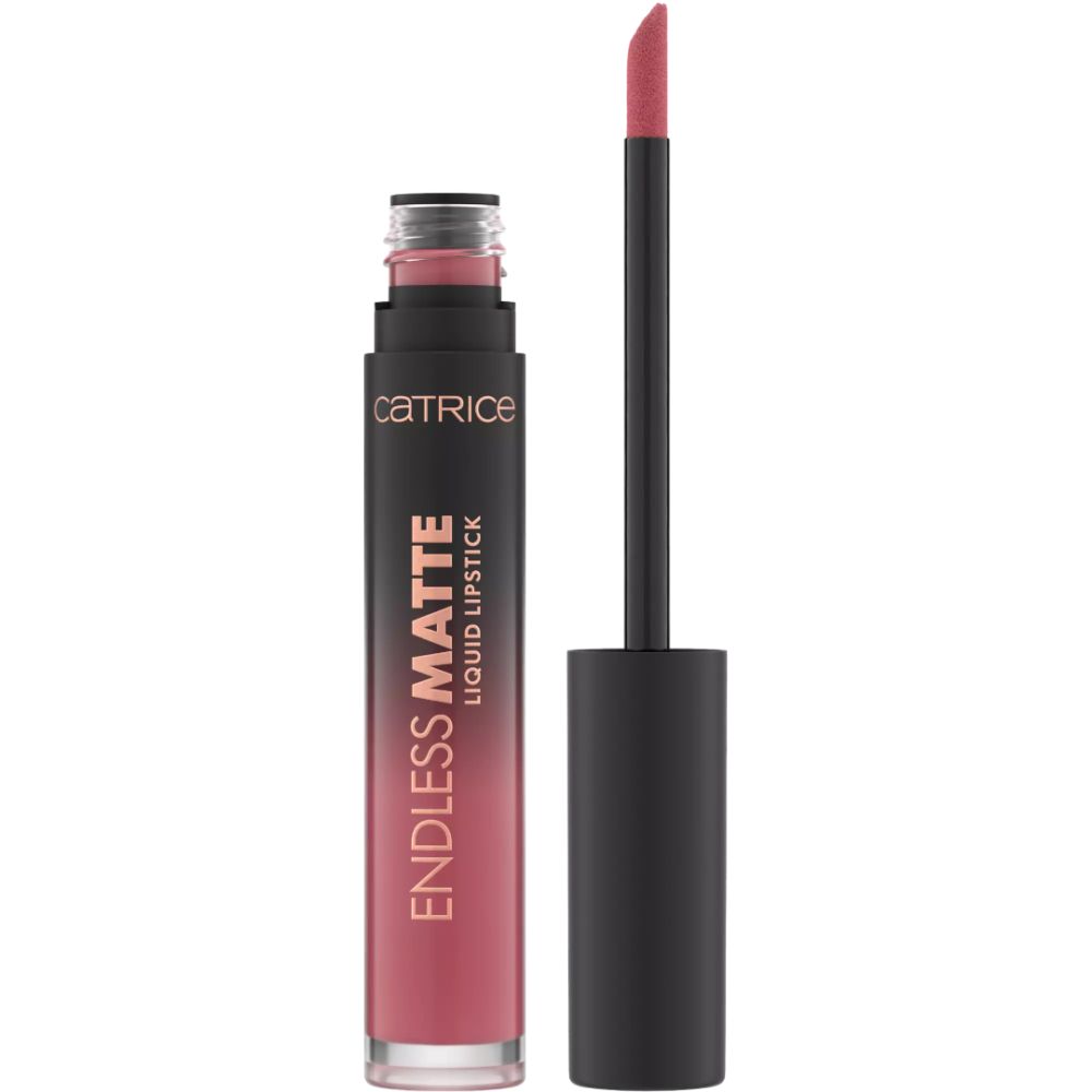 Flüssiger Lippenstift mit schwarzem Deckel und Applikator. Aufschrift: CATRICE, ENDLESS MATTE LIQUID LIPSTICK. Rosa Lippenstift.