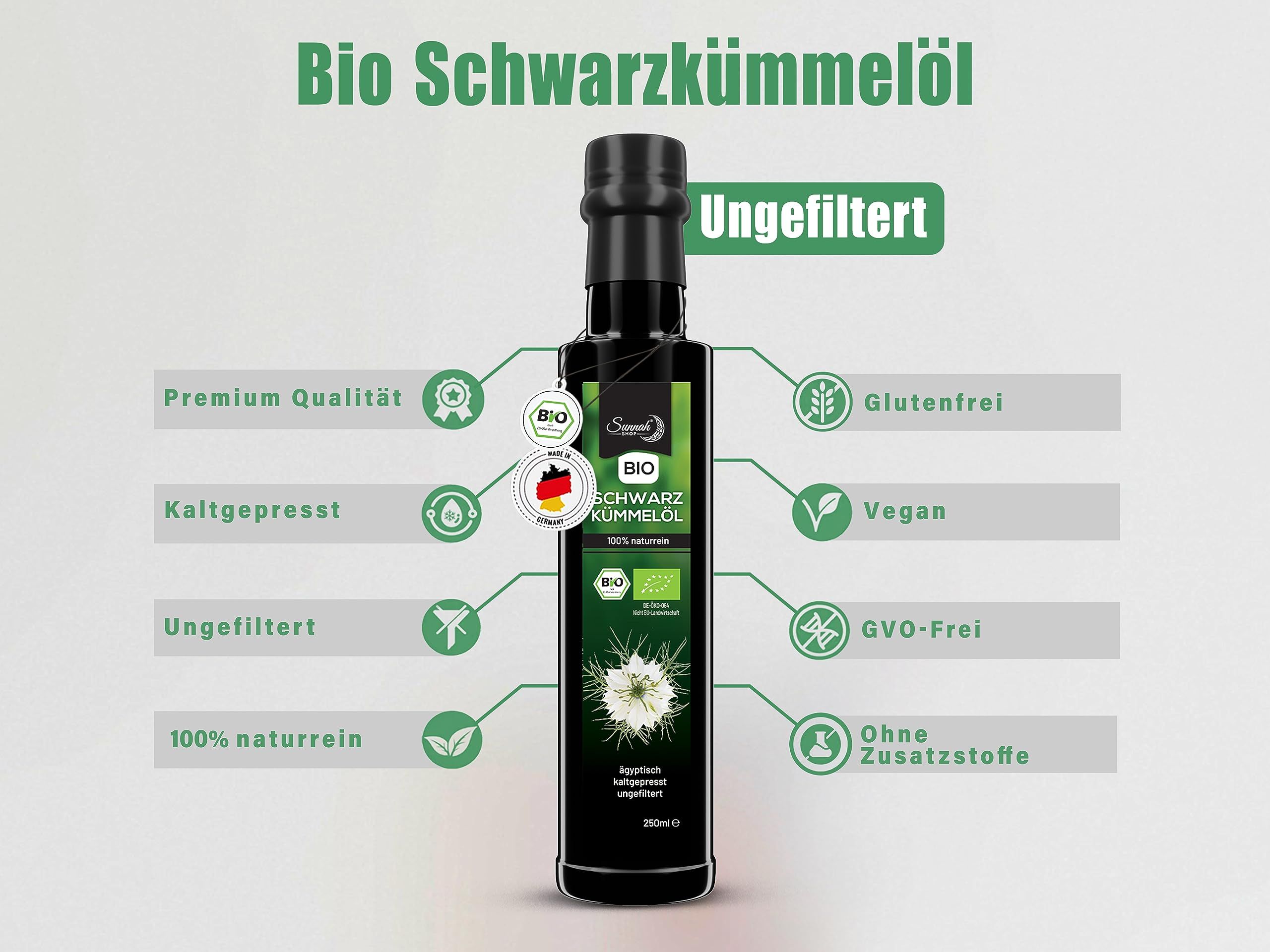 Schwarzkümmelöl-Flasche mit Etikett. Text: Bio, ungefiltert, Premium Qualität, kaltgepresst, 100% naturrein, glutenfrei, vegan, GVO-frei, ohne Zusatzstoffe.