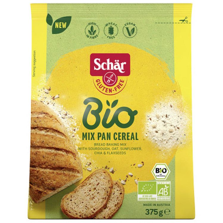 Gelbe Verpackung mit "Schär Bio Mix Pan Cereal". Glutenfrei, vegan. Brot und Zutaten abgebildet. Bio-Siegel.