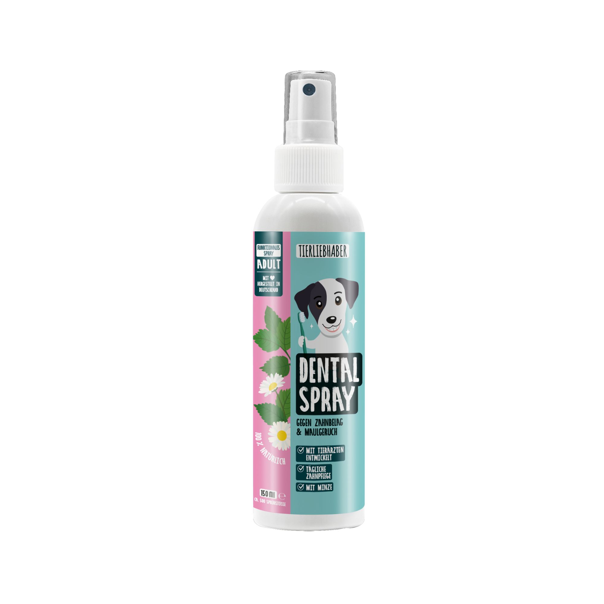 Zahn-Spray für Hunde. Weiße Flasche mit Sprühkopf. Logo und Produktname. Rosa und türkise Farbgebung.