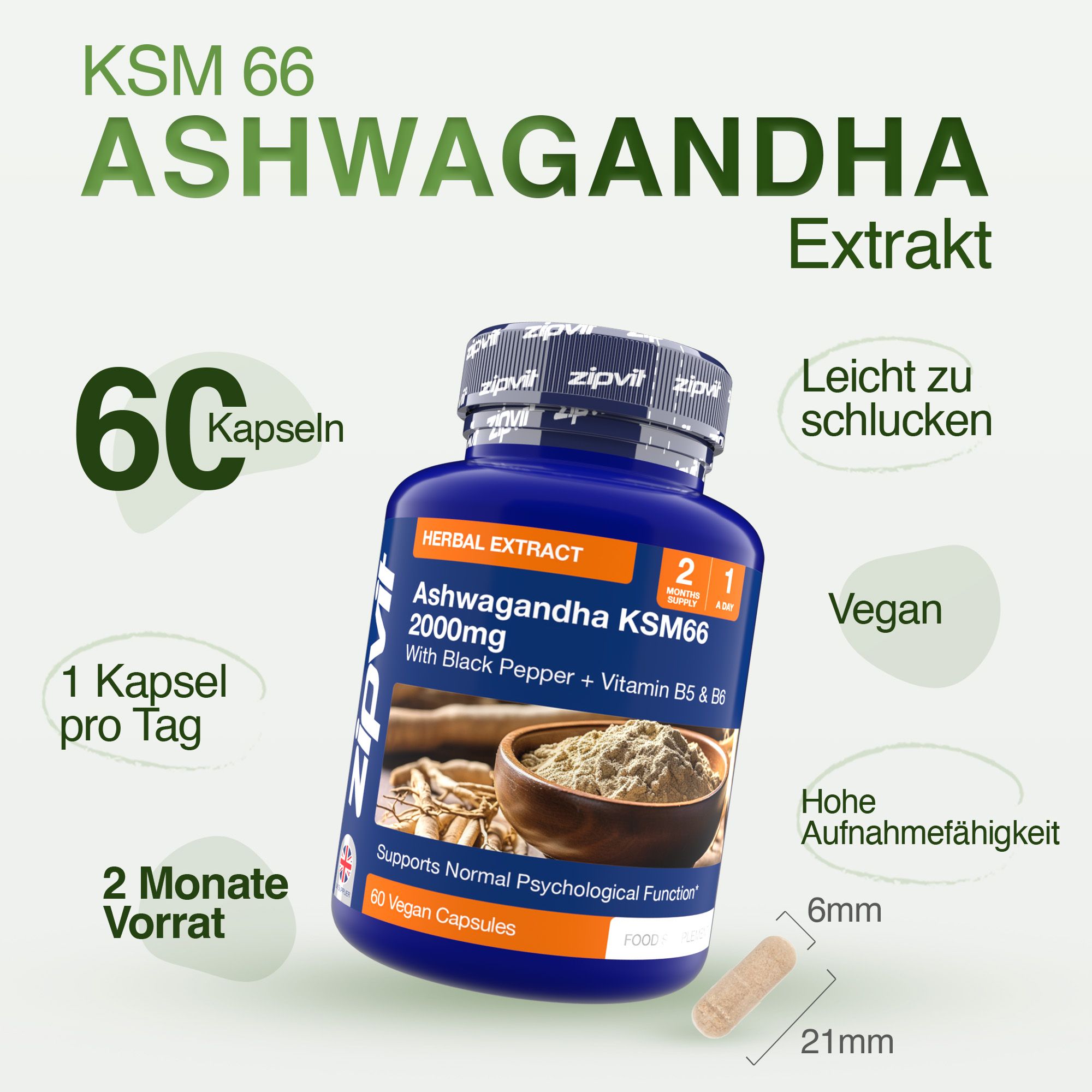 Blaue Flasche mit Kapseln. Aufschrift: Ashwagandha KSM-66 2000mg mit Vitamin B5 & B6. 60 vegane Kapseln. 1 Kapsel pro Tag.