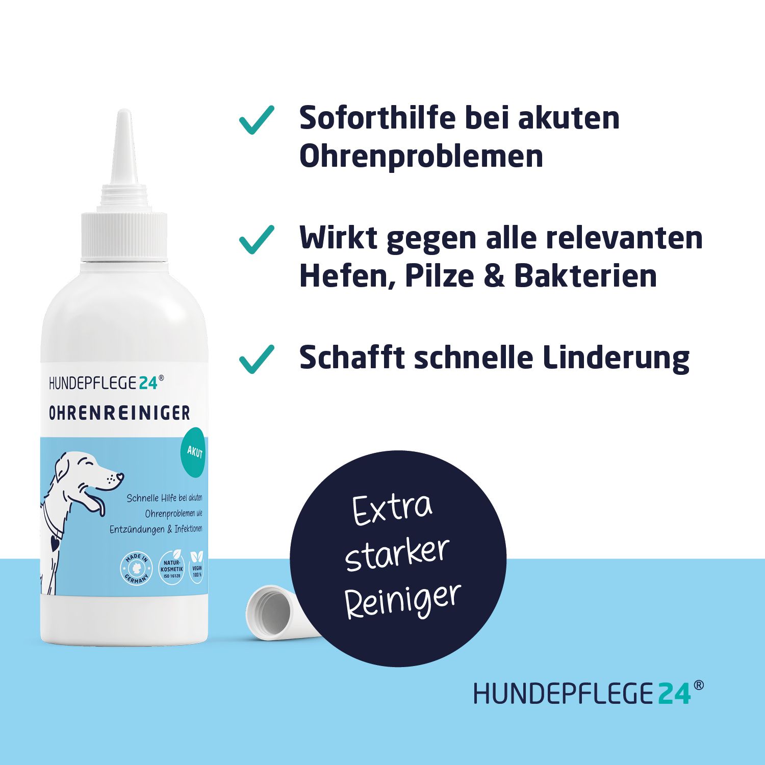 Weiße Flasche mit Ohrreiniger, blaue Akut-Kennzeichnung, Text: Soforthilfe, wirkt gegen Hefen, schafft Linderung. Schwarzer Kreis: Extra starker Reiniger.