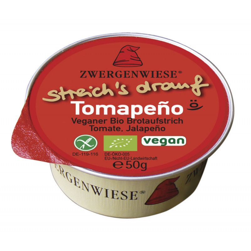 Runder Behälter mit rotem Deckel. Aufschrift "Streich's drauf Tomapeño". Veganer Bio Brotaufstrich. Siegel und "vegan" Logo.