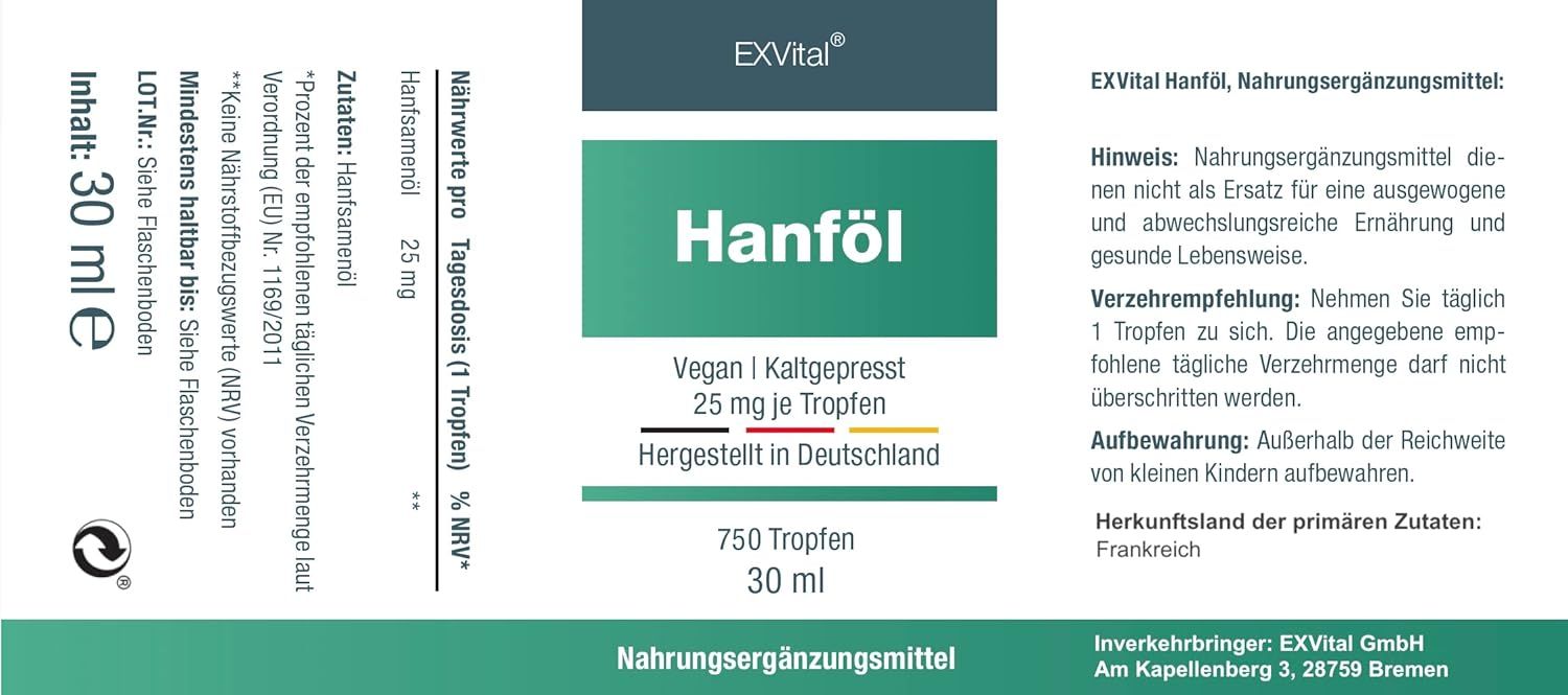 Produktetikett. Text: Hanföl, vegan & kaltgepresst, 25 mg je Tropfen, hergestellt in Deutschland, 750 Tropfen, 30 ml. Nahrungsergänzungsmittel.