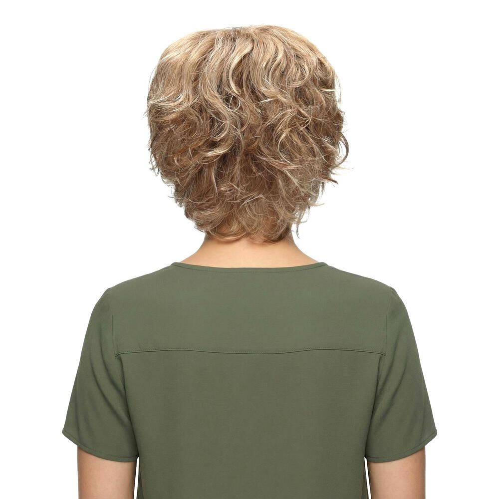 Rückansicht einer Kurzhaarperücke mit blonden Strähnen. Die Perücke bedeckt den Hinterkopf.