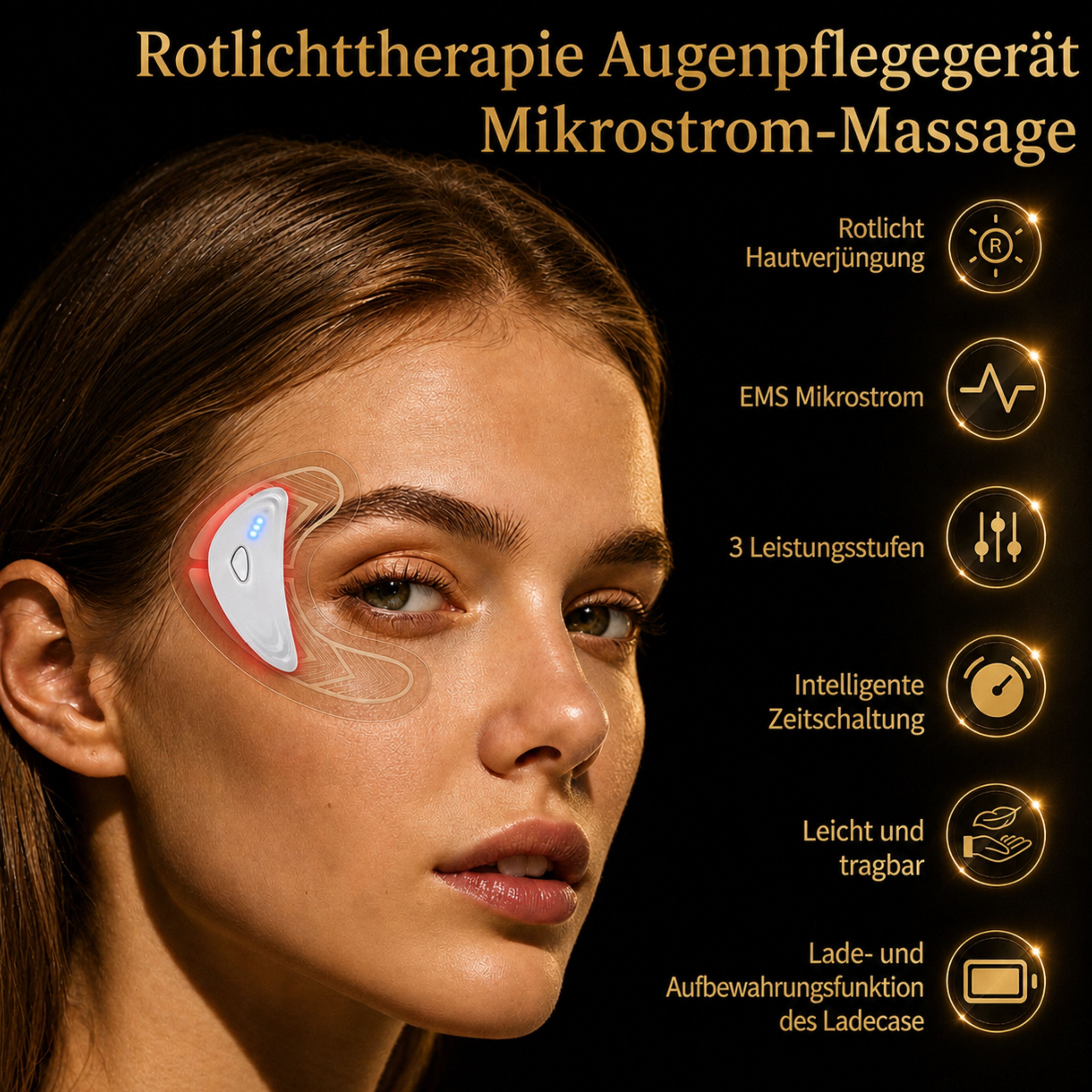 Frau mit Augenmassagegerät, das rote Lichttherapie und Mikrostrom-Massage bietet.