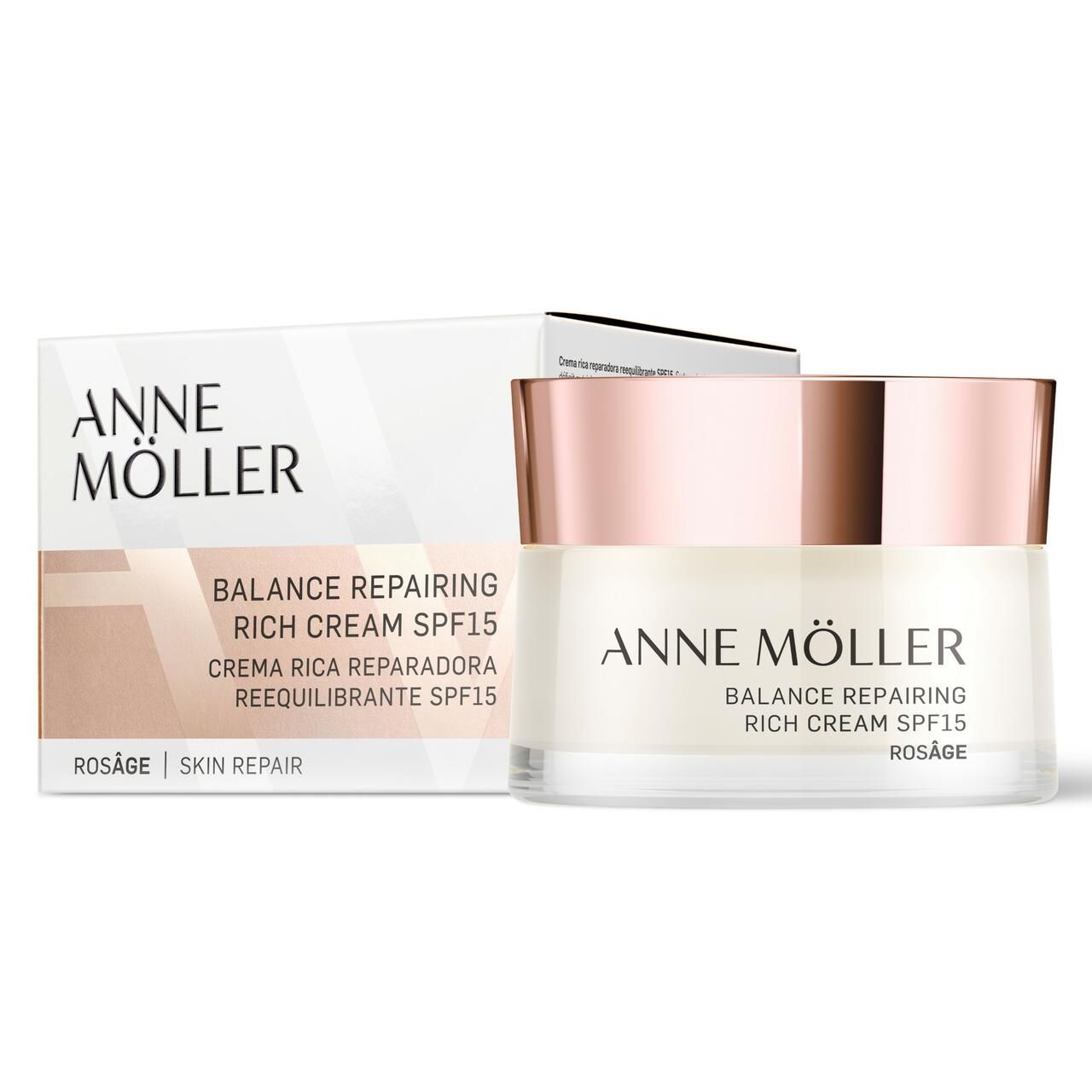 Creme-Glas und Verpackung. Schriftzug: ANNE MÖLLER, BALANCE REPAIRING RICH CREAM SPF15, ROSÁGE. Verpackung: SKIN REPAIR.