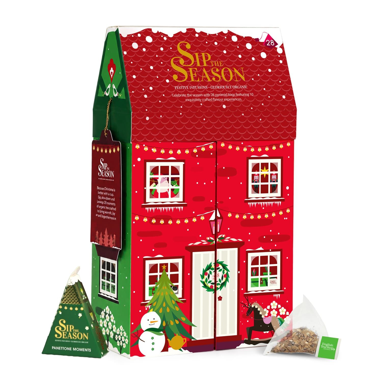 Tee-Adventskalender in Hausform mit zwei kleinen Teebeutel-Boxen.