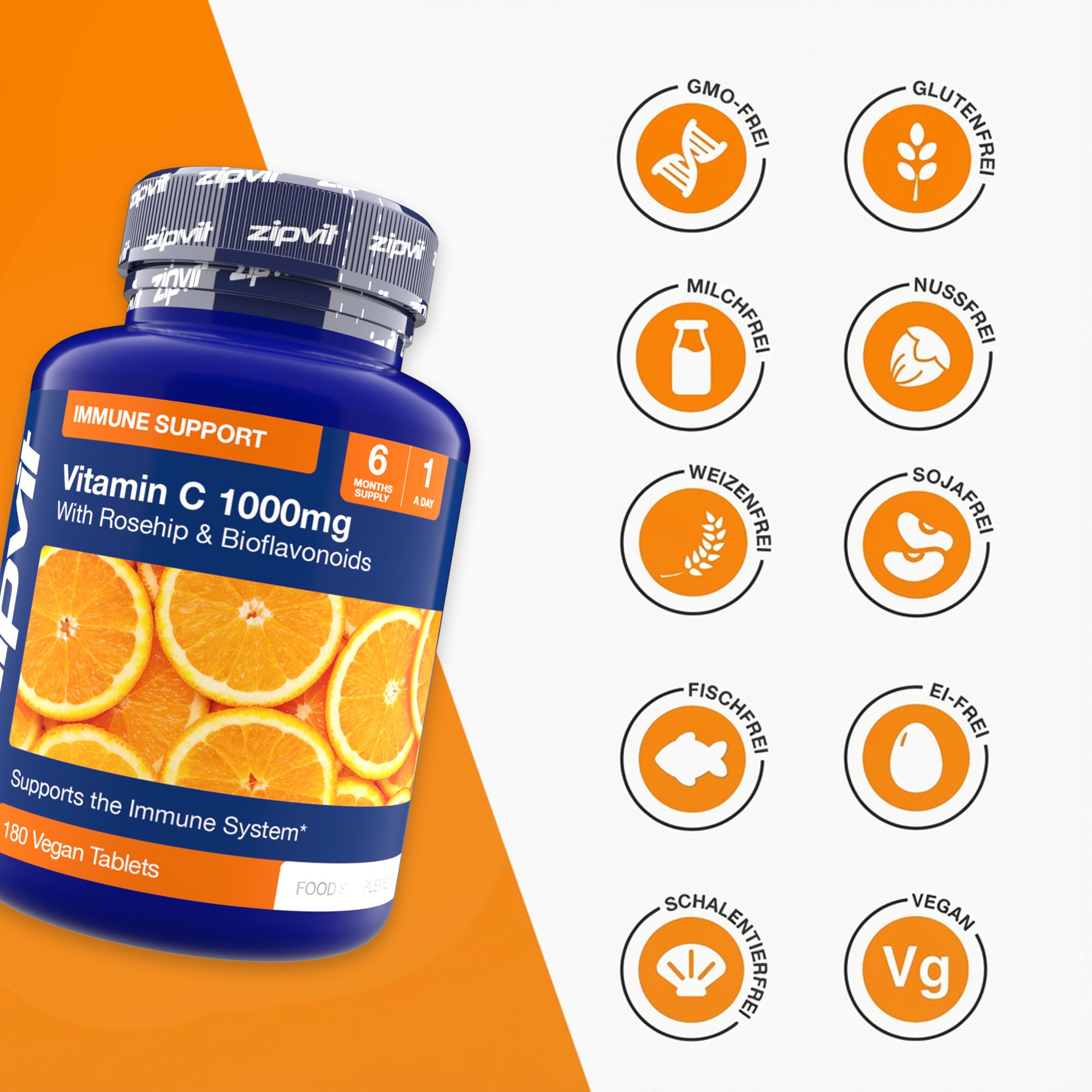 Blaue Flasche Zipvit Vitamin C 1000mg. Aufschrift: 180 Tabletten. Logos: GMO-frei, glutenfrei, milchfrei, nussfrei, weizenfrei, sojafrei, fischfrei, ei-frei, vegan.