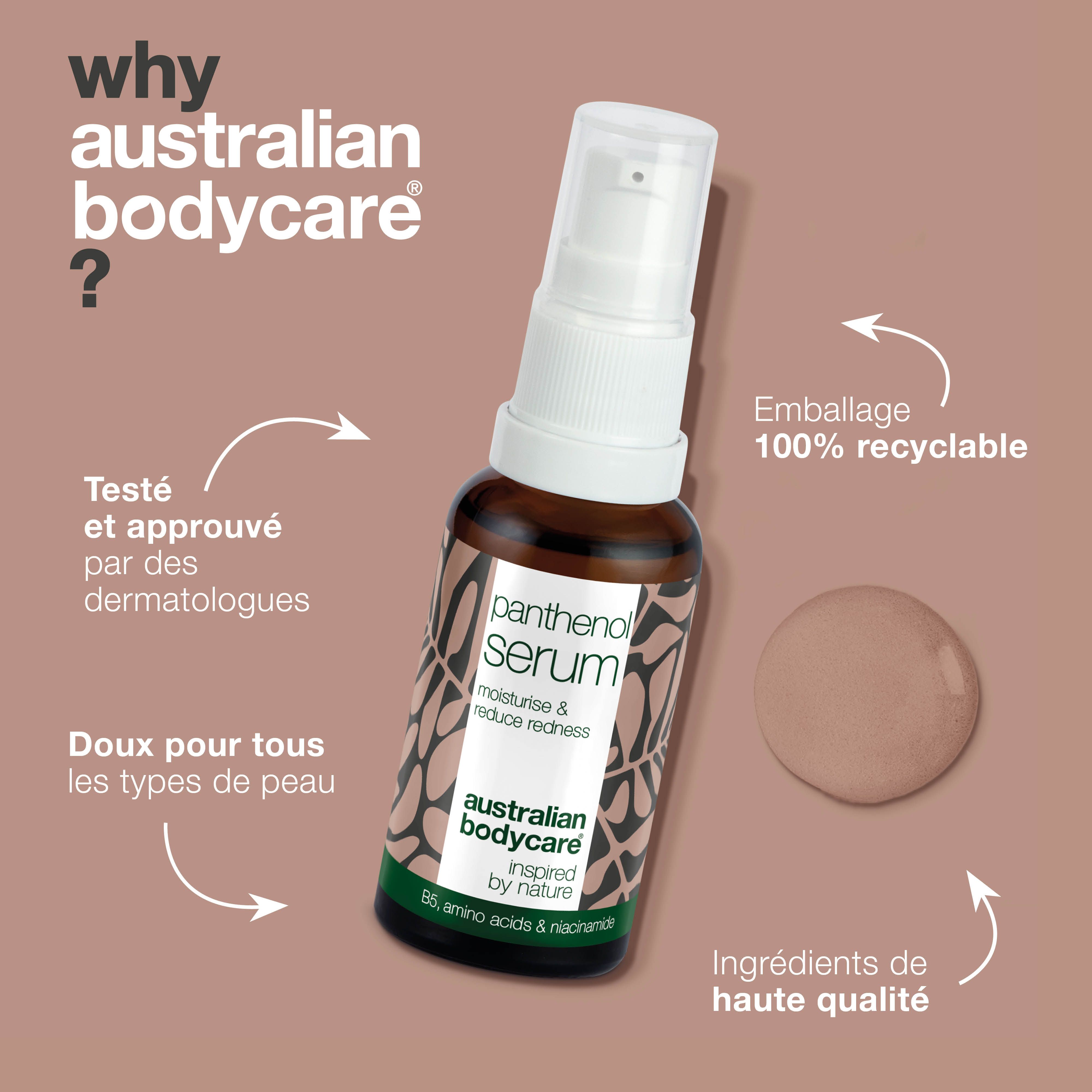Flacon Panthenol Serum. Texte : Testé et approuvé par les dermatologues. Emballage 100% recyclable.