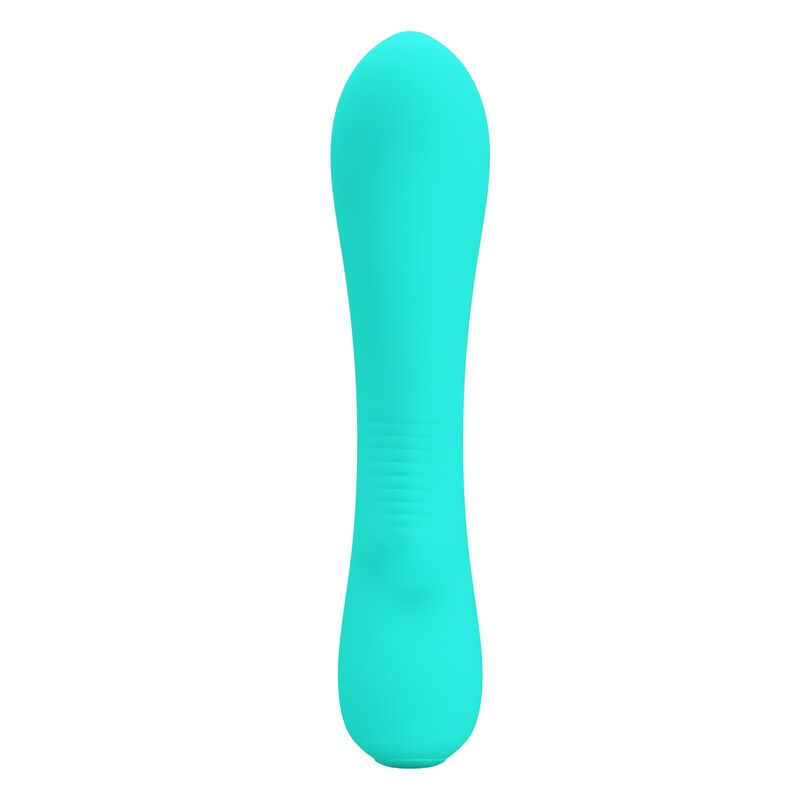 Türkisfarbener Vibrator mit taillierter Form. Der Schaft hat eine geriffelte Zone.