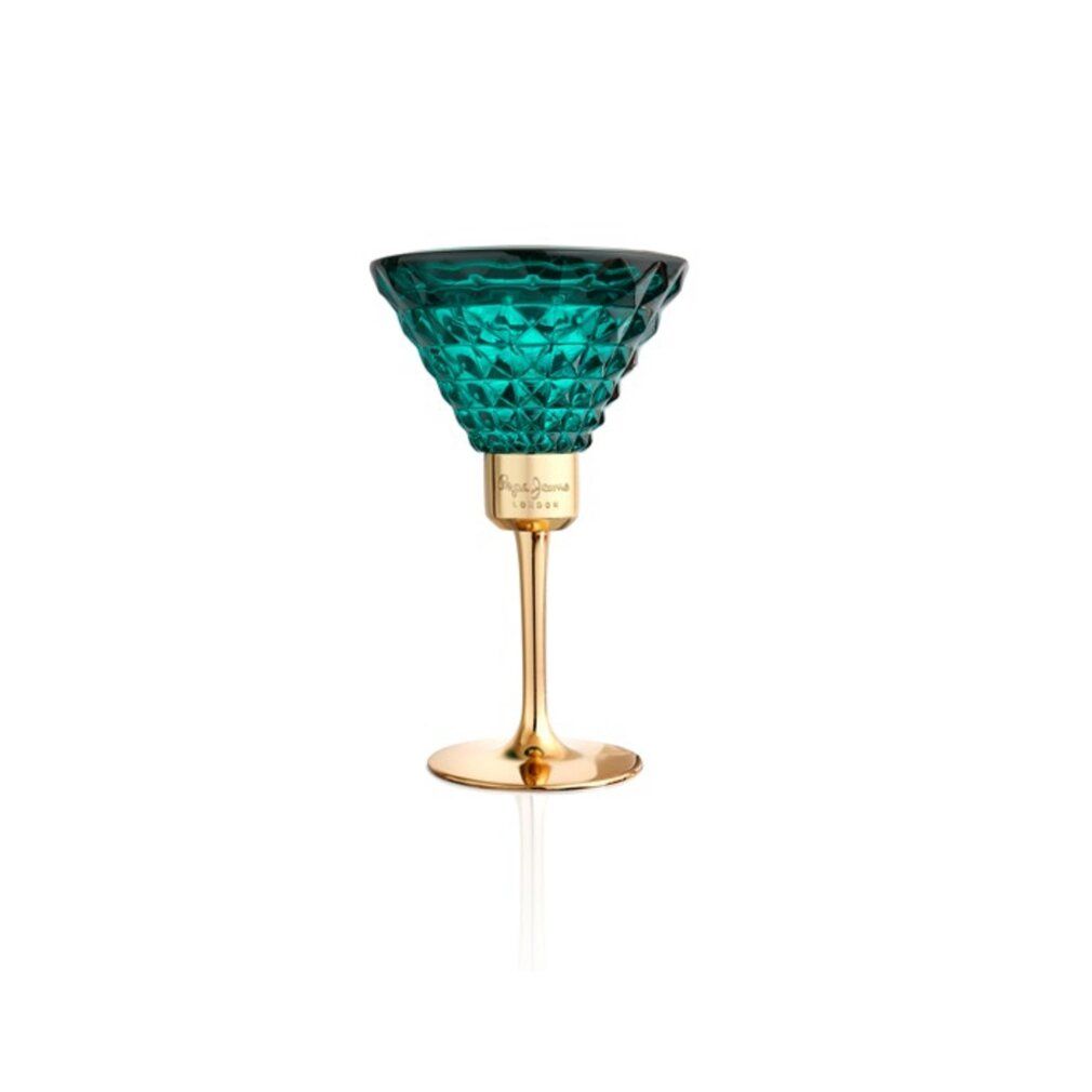Pepe Jeans Celebrate Eau de Parfum Flakon in Cocktailglas-Form mit goldenem Stiel und Sockel, mit Spiegelung.