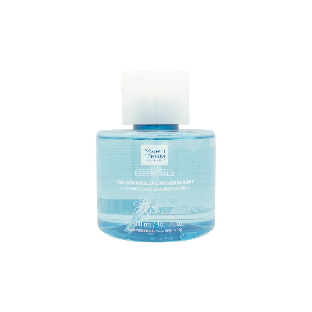Marti Derm Essentials Mizellenwasser, 300 ml. Klare Flüssigkeit in transparenter Flasche mit weißem Klappdeckel.