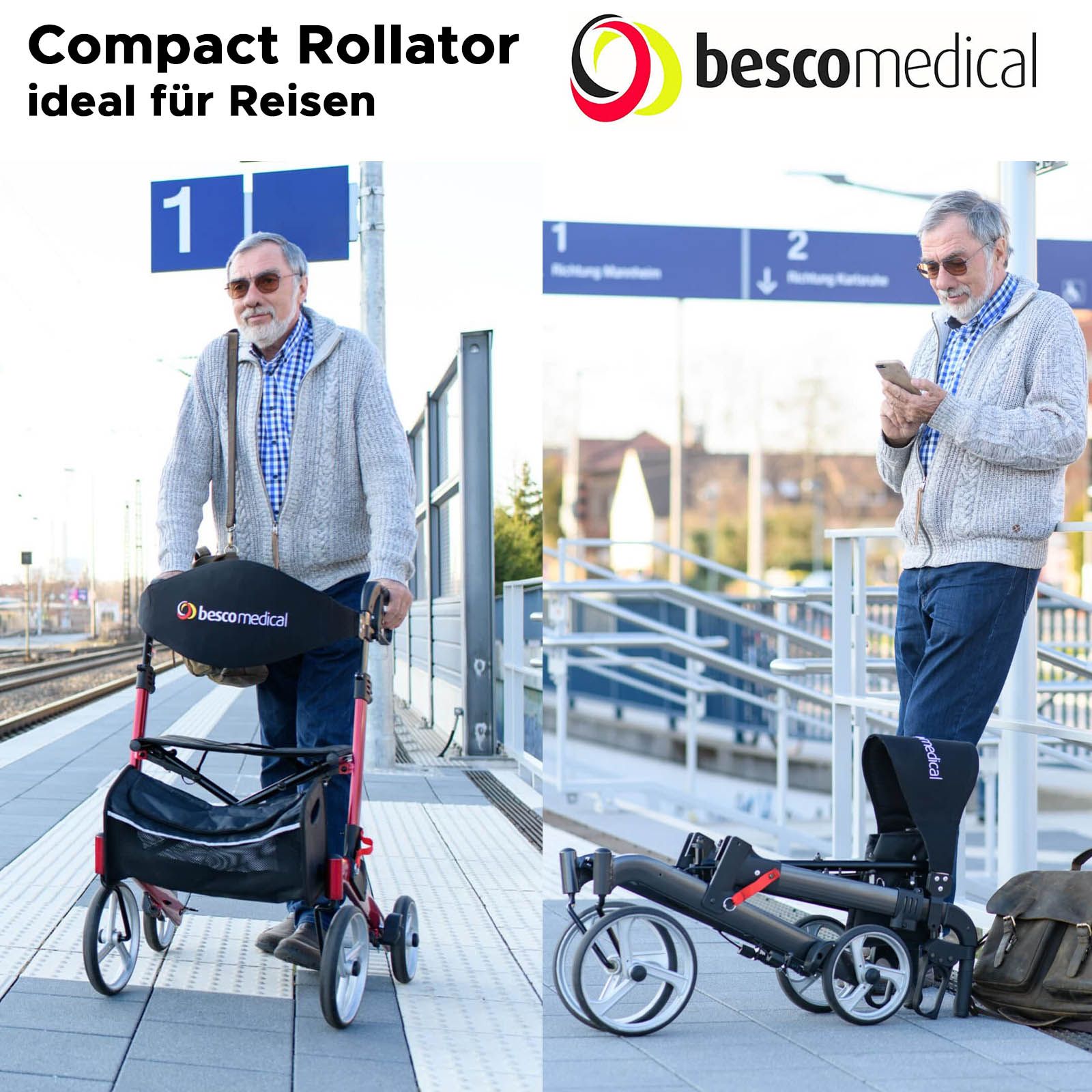 Reise Rollator COMPACT - zweifach klappbarer Leichtgewichtrollator - bescomedical