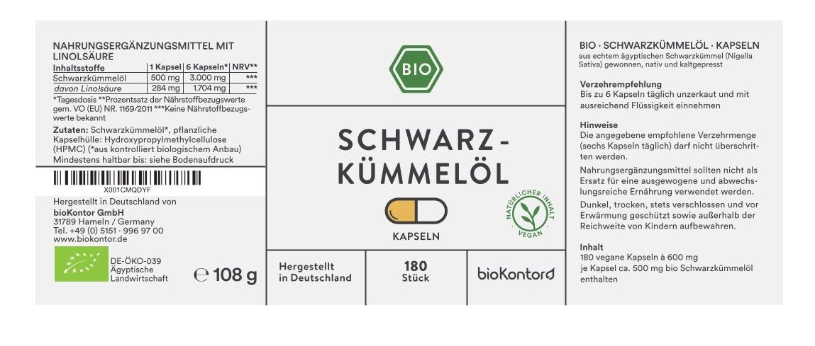 Weißes Etikett mit Produktinformationen. Aufschrift: SCHWARZKÜMMELÖL KAPSELN. 180 Stück. BIO-Siegel. Vegan-Logo. Marke: biokontor.