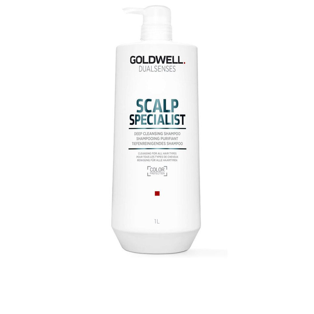 Weiße Shampoo-Flasche mit Pumpe. Text: Goldwell Dualsenses, Scalp Specialist, Deep Cleansing Shampoo.