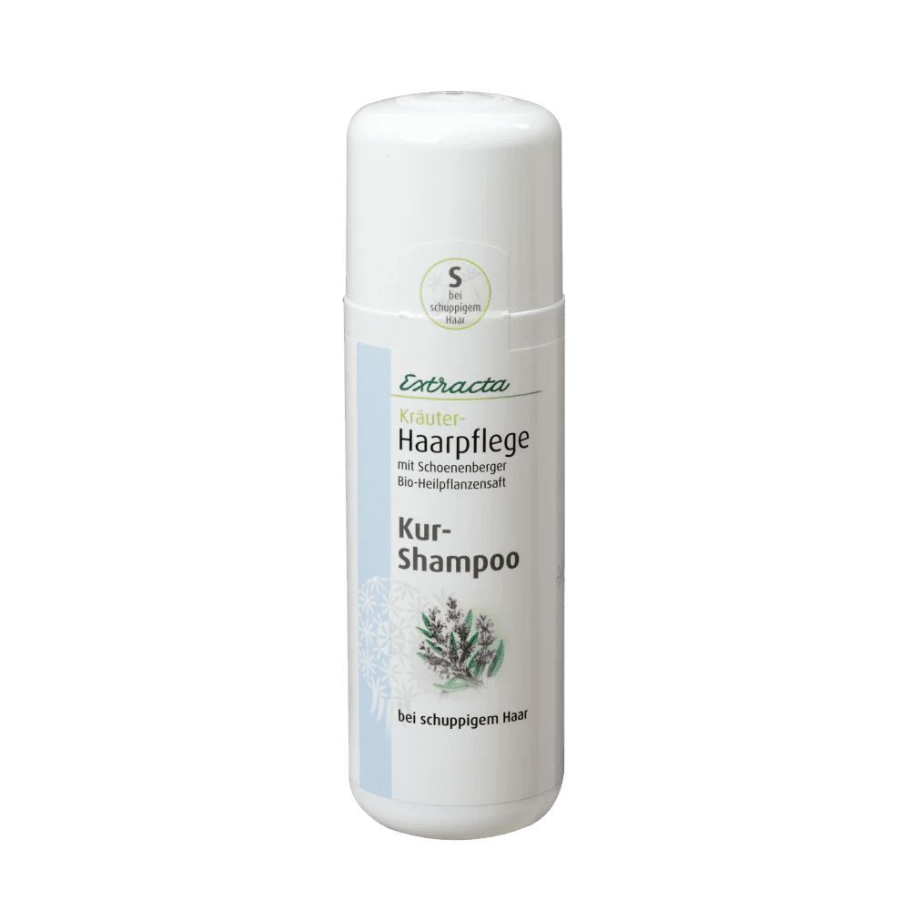 Weiße Flasche mit "Extracta Kräuter-Haarpflege Kur-Shampoo"-Aufdruck. Kleines grünes Logo mit "S bei schuppigem Haar".