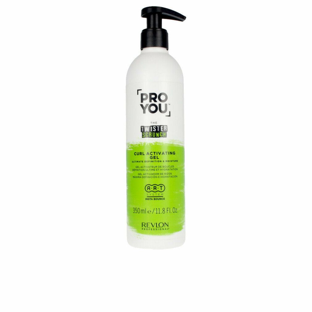 Weiße Flasche mit schwarzem Pumpkopf. Aufschrift: PRO YOU, THE TWISTER SCRUNCH, CURL ACTIVATING GEL. Grüne Akzente. 350ml/11.8 Fl. Oz. Revlon Professional.