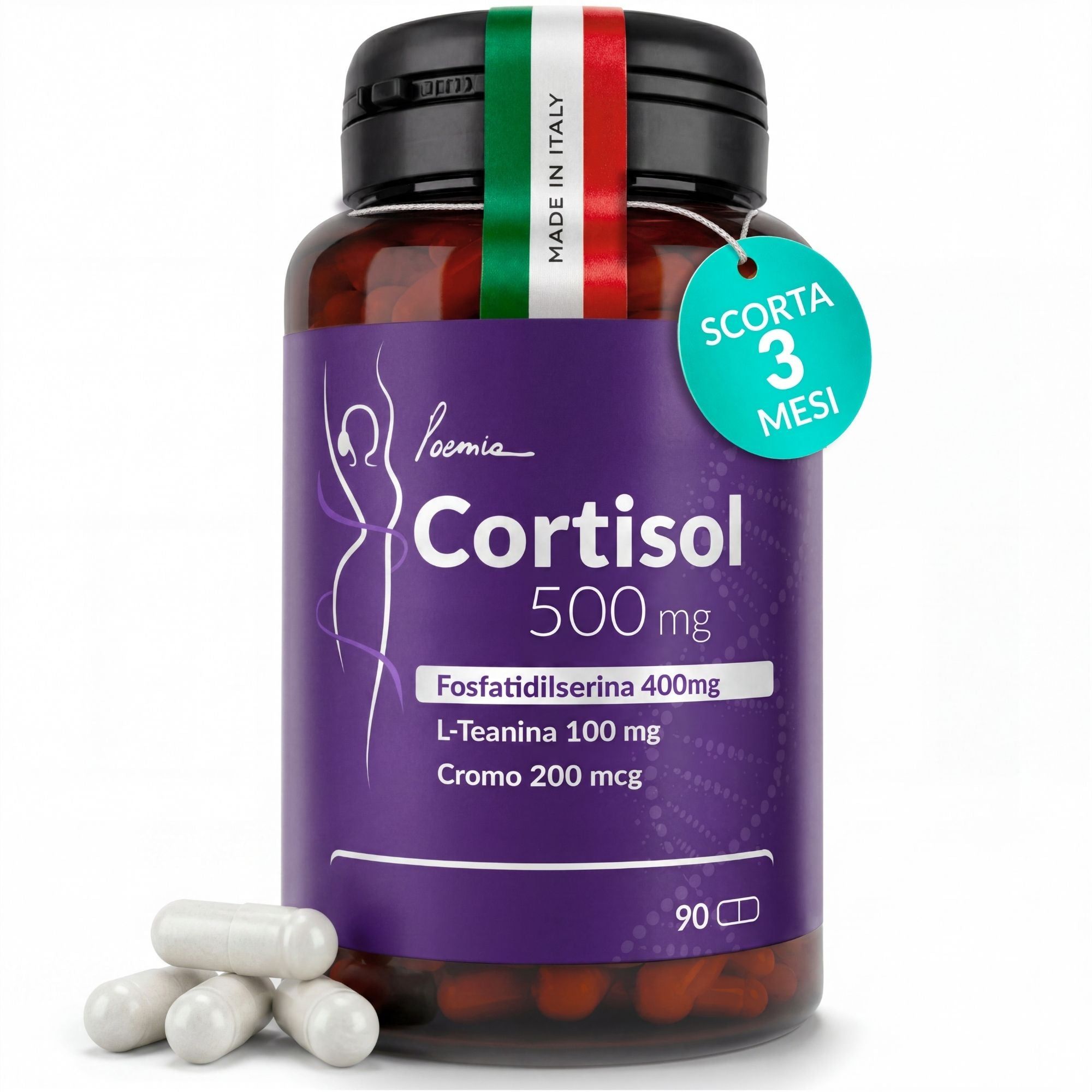 Poemia Cortisolo con Fosfatidilserina 400mg + L-Teanina 100mg + Cromo Picolinato - 90 Capsule