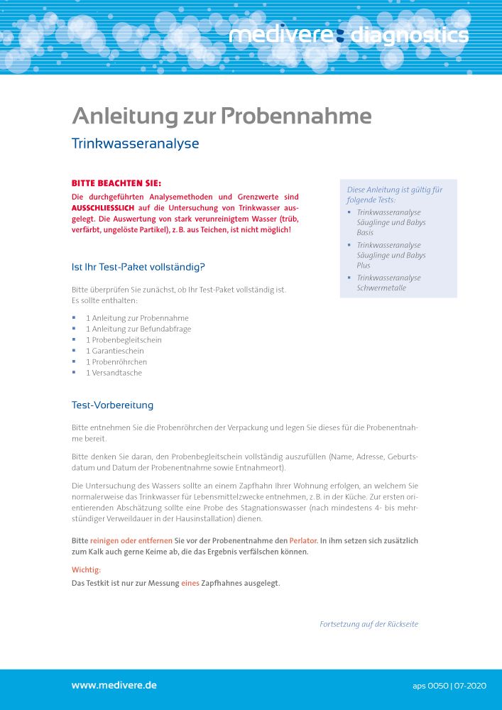 medivere Labordiagnostik Trinkwasseranalyse für Säuglinge und Babys Basis