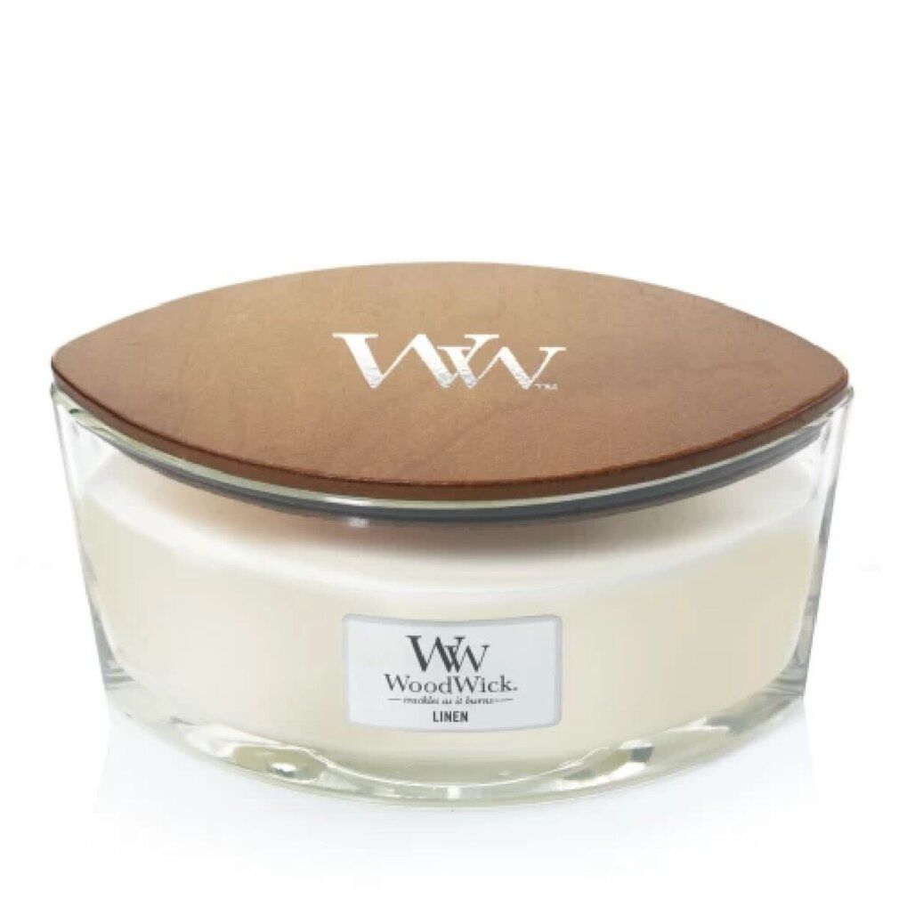 WoodWick Ellipse Kerze. Glasbehälter, Holzdeckel. WW-Logo, Aufschrift 'Linen'. Elliptische Form.