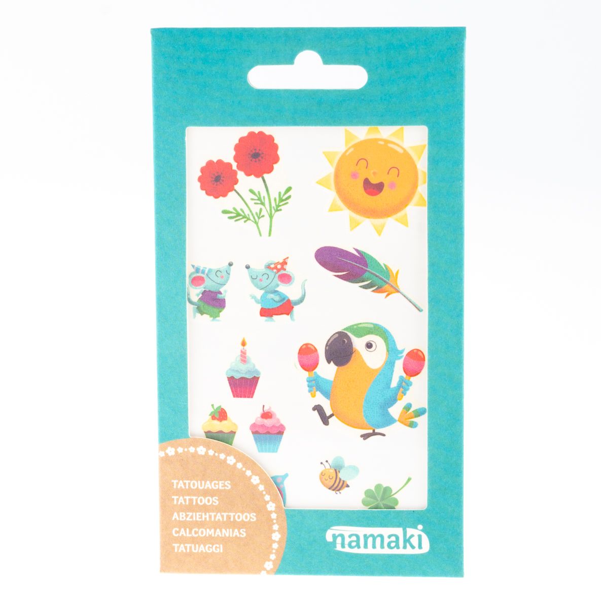 Namaki Kinder Tattoos Rainbow. Bunte Tattoos mit Blumen, Sonne, Papagei, Mäusen und Cupcakes. Verpackung mit Namaki-Logo.