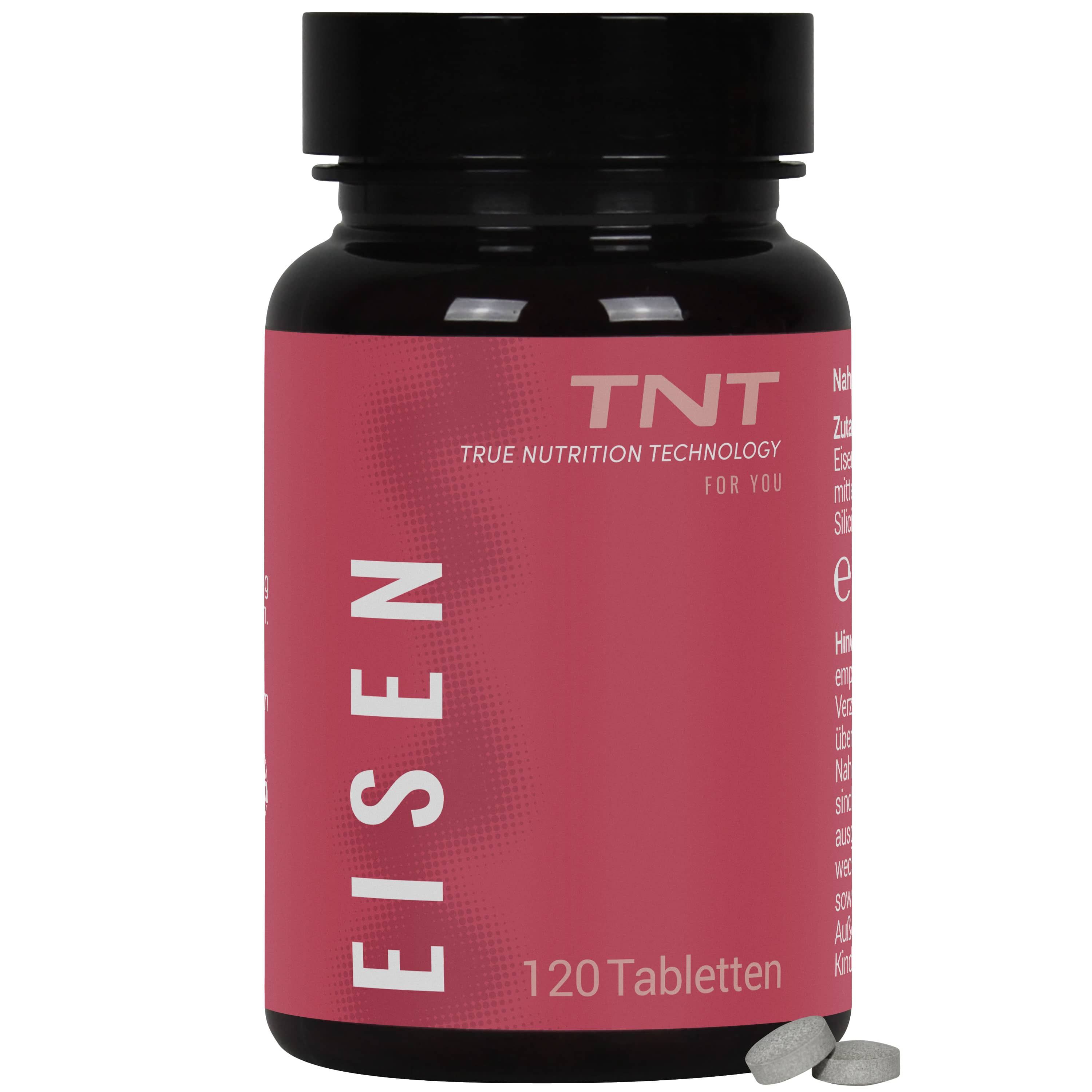TNT Eisen, 120 Tabletten in einer schwarzen Flasche. Rote Etikett mit Produktname und Marke. Zwei Tabletten liegen daneben.