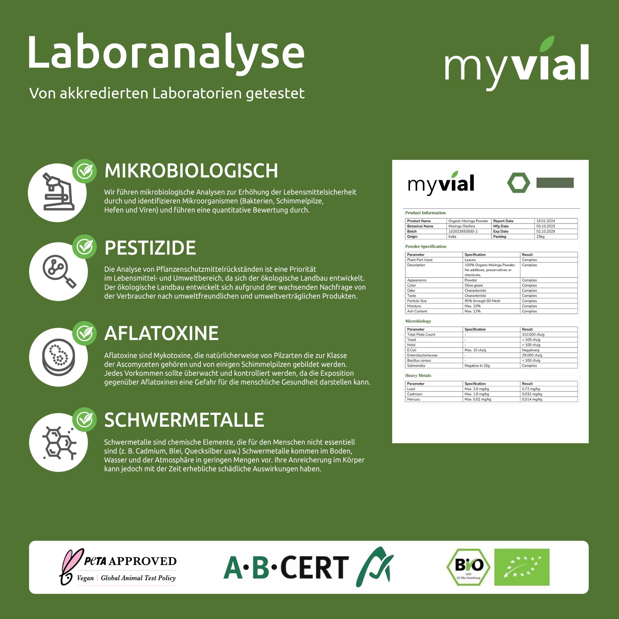 myvial® Bio Moringa Pulver - Blattpulver aus Moringa Oleifera - fein vermahlen