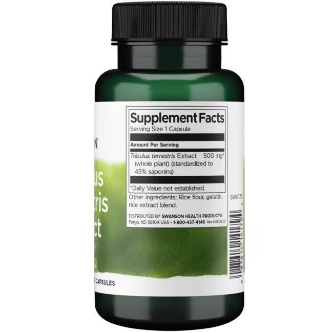 Rückseite einer grünen Kapselpackung mit Nährwertangaben und Inhaltsstoffen für Tribulus Terrestris Extrakt.
