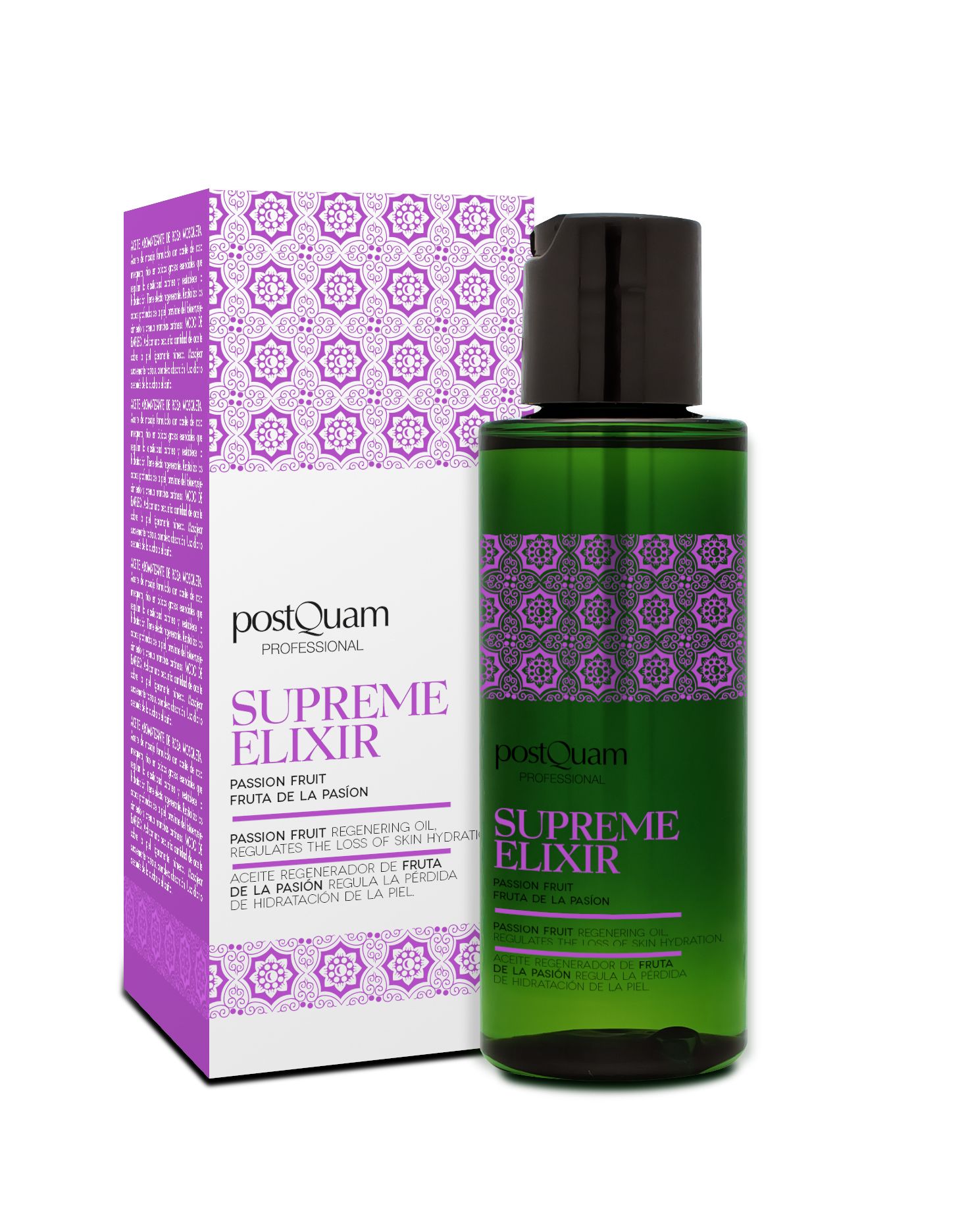 Grüne Flasche mit schwarzem Deckel und lila Etikett. Daneben eine lila Schachtel mit Produktinformationen. Text: Supreme Elixir, Passion Fruit.