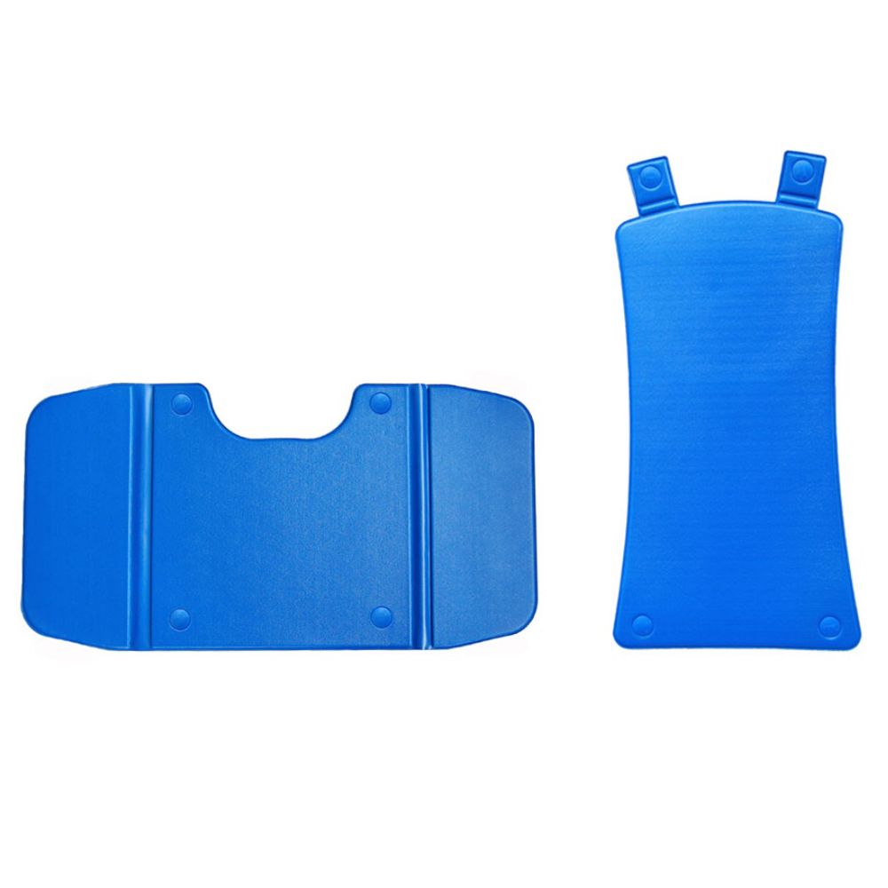 Blaues Auflagenset für Badelift, bestehend aus Sitz und Rückenlehne. Beide Teile haben Knöpfe und sind aus Kunststoff.