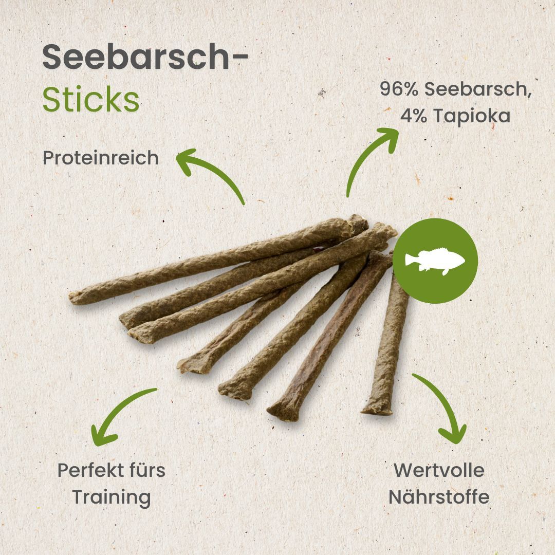 Ein Haufen getrockneter Seelachs-Sticks mit Pfeilen, die auf ihre Eigenschaften hinweisen.
