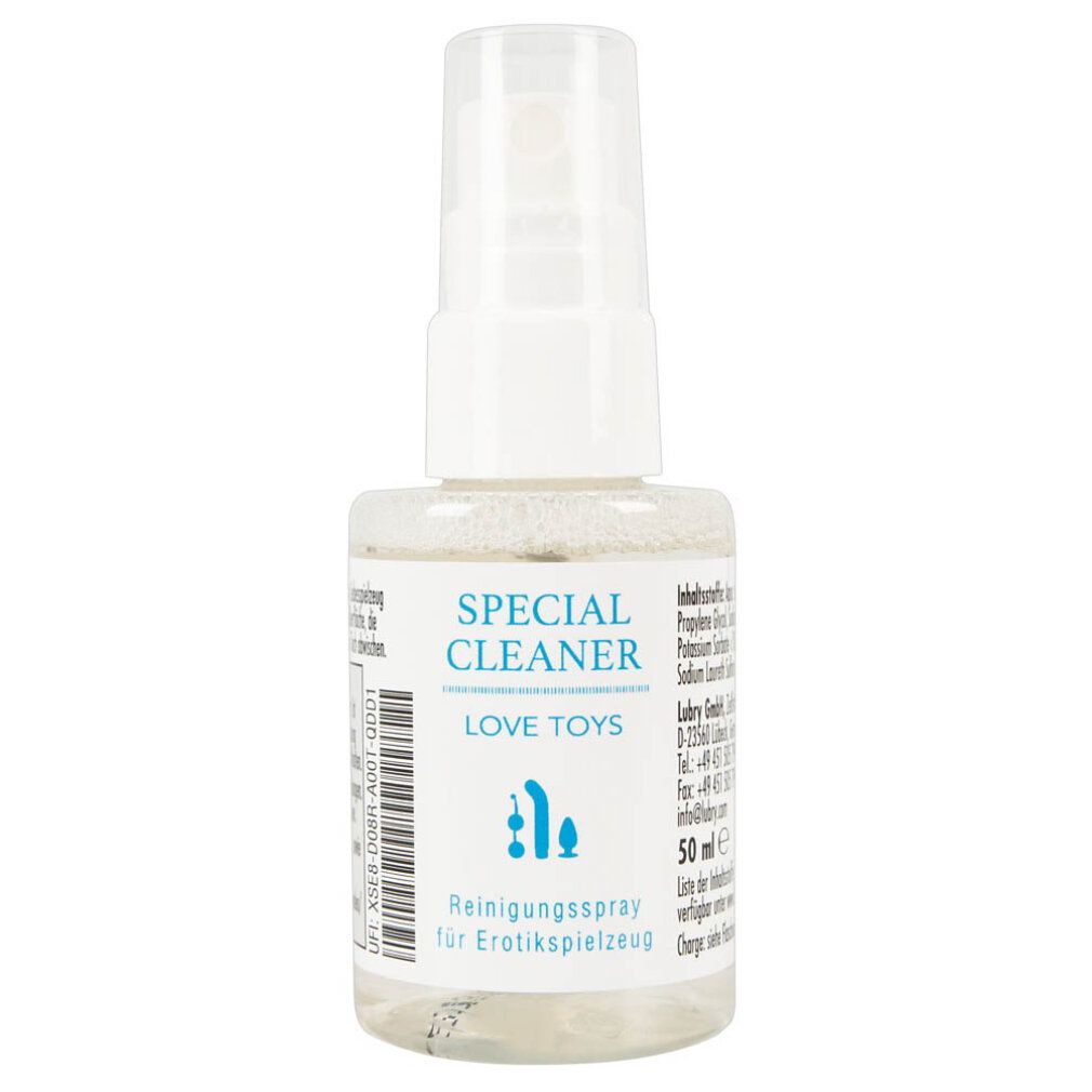 Kleine, transparente Sprühflasche mit weißem Sprühkopf. Aufschrift: SPECIAL CLEANER LOVE TOYS. 50 ml. Reinigungsspray für Erotikspielzeug.