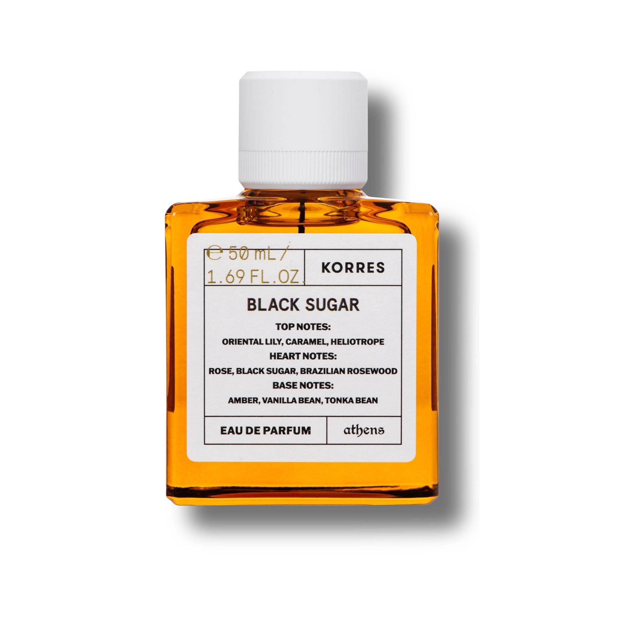 Quadratische Glasflasche mit weißem Deckel. Aufkleber mit Produktnamen: Black Sugar. Marke: KORRES. Text: Eau de Parfum.