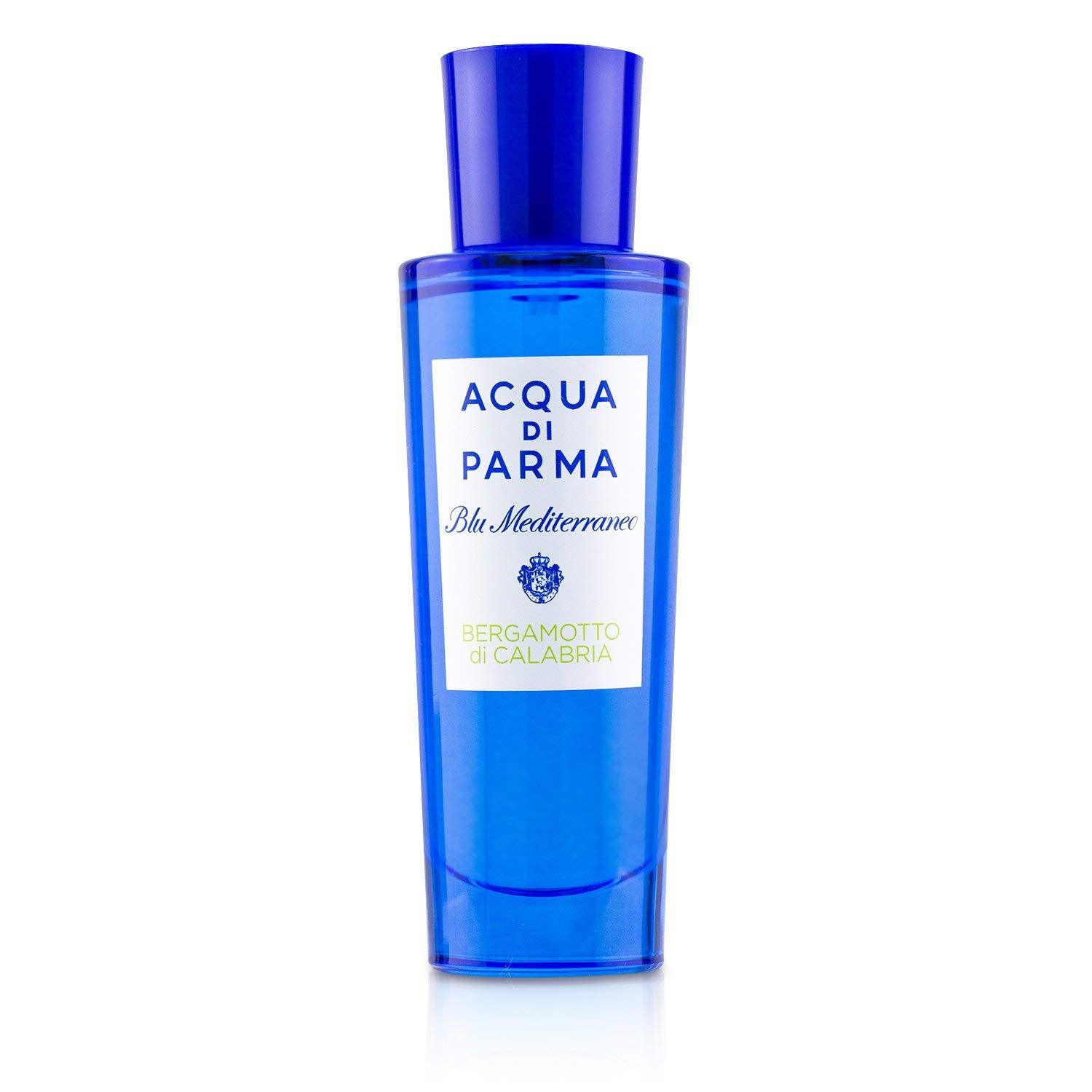 Acqua di Parma Blu Mediterraneo Bergamotto di Calabria Eau de Toilette, blaue Flasche mit weißem Etikett. Blauer Verschluss.