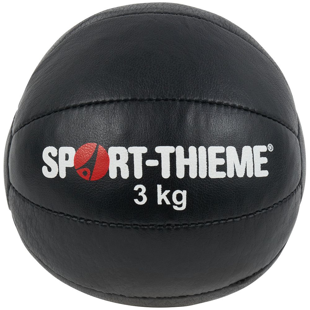 Schwarzer Medizinball. Aufschrift: Sport-Thieme, 3 kg. Runder Ball aus Lederimitat.
