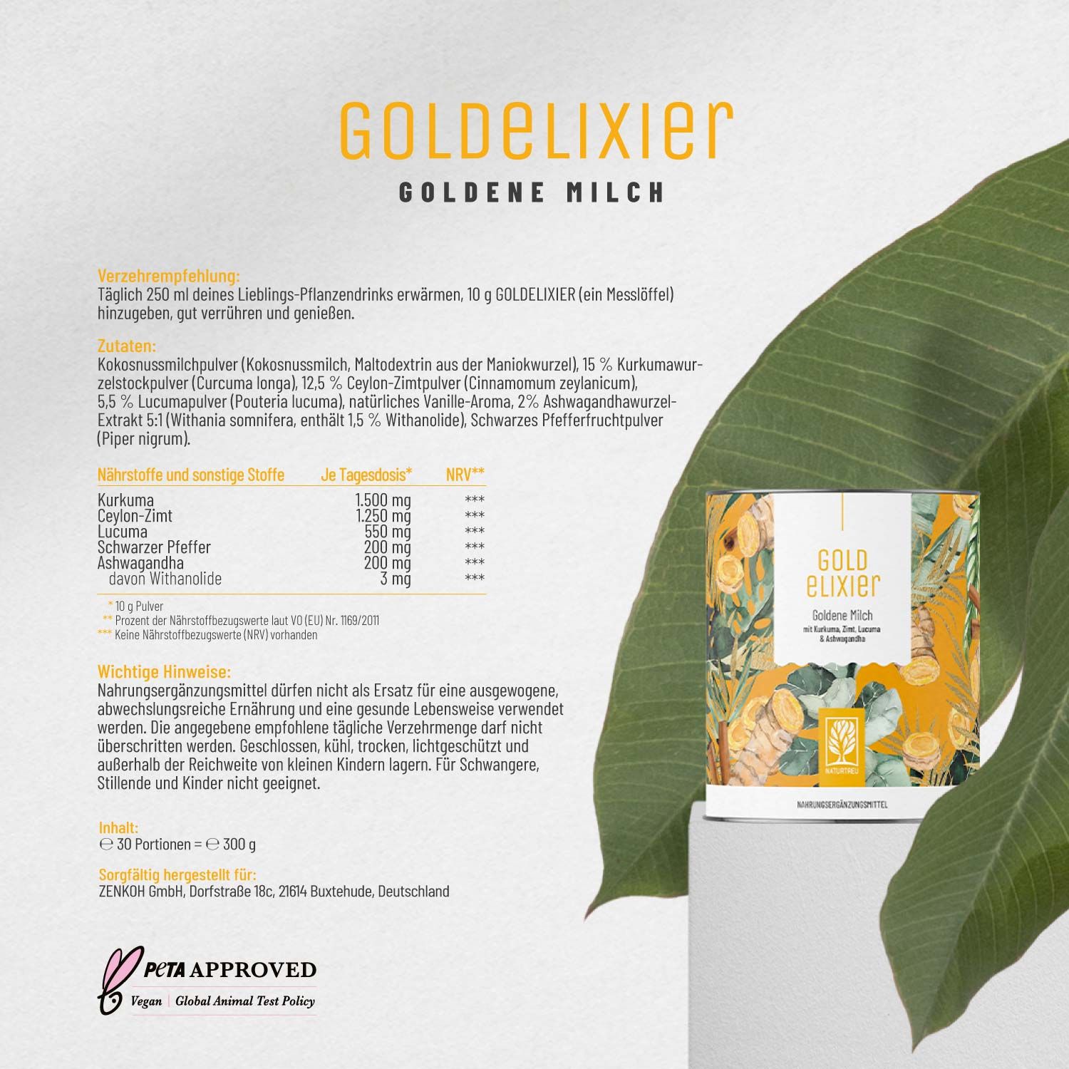 Goldene Milch mit Kurkuma, Zimt, Lucuma & Ashwagandha - Goldelixier - NATURTREU®