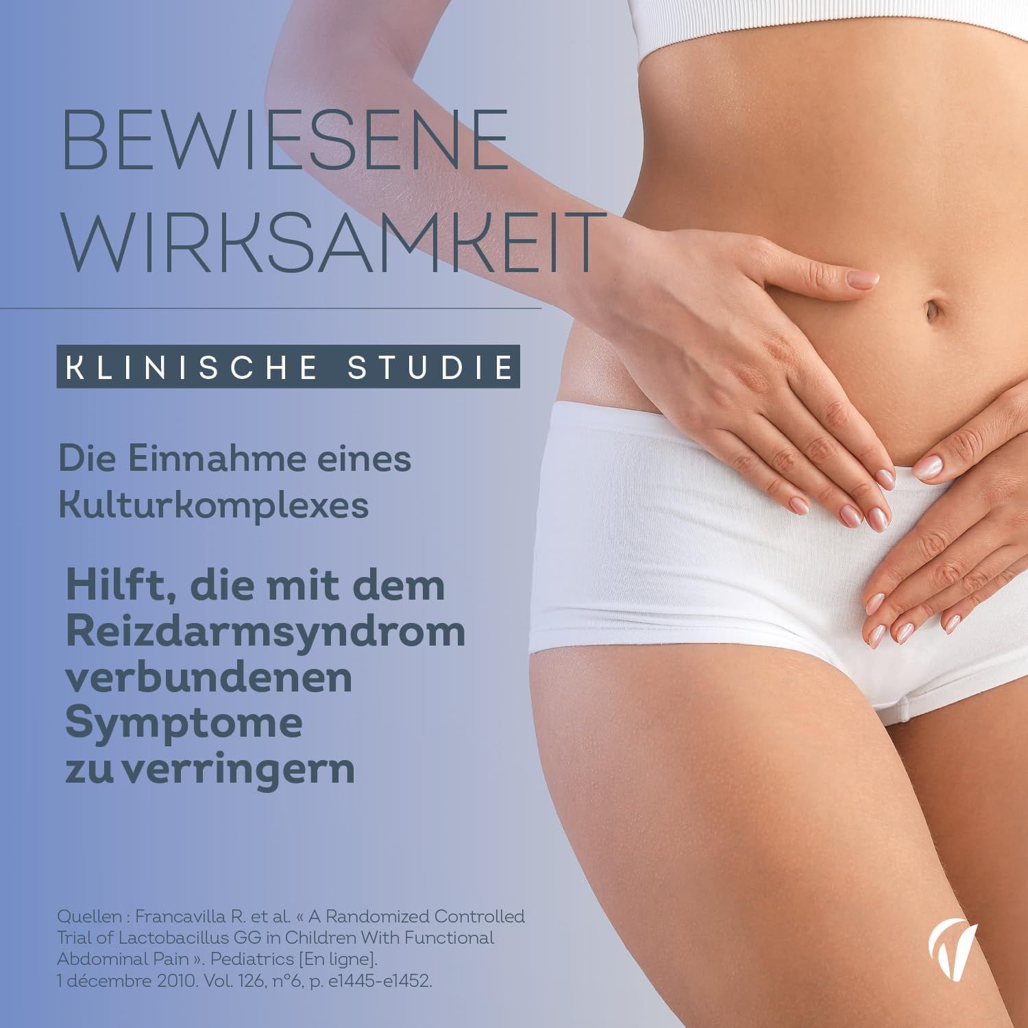 Frau hält Bauch. Text: "BEWIESENE WIRKSAMKEIT". Klinische Studie. Text über Reizdarmsyndrom.