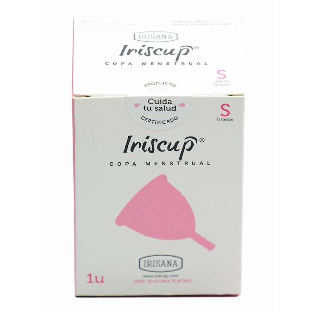 Iriscup Menstruations-Tasse in Verpackung. Rosa Produktabbildung auf weißem Hintergrund. Größe S.