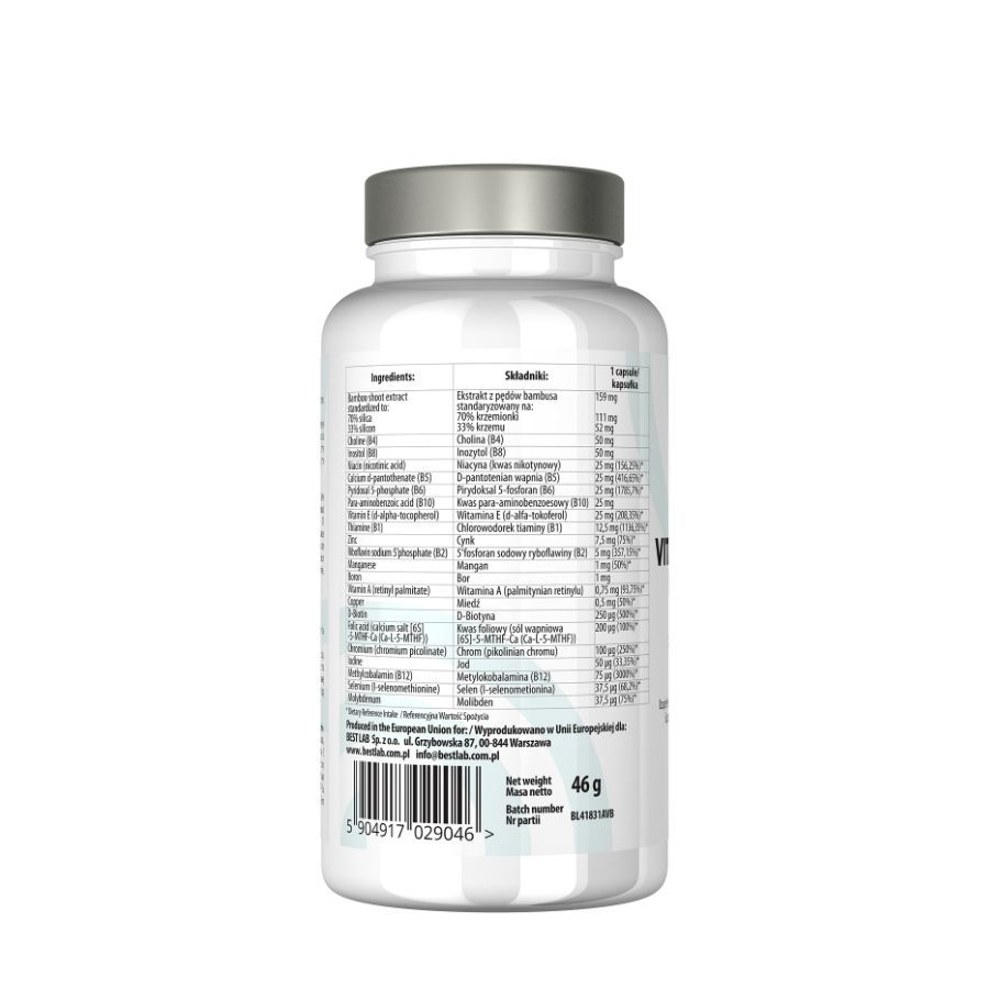 Rückseite einer weißen Flasche. Enthält eine Liste der Inhaltsstoffe und Nährwertangaben. Gewicht: 46 g.